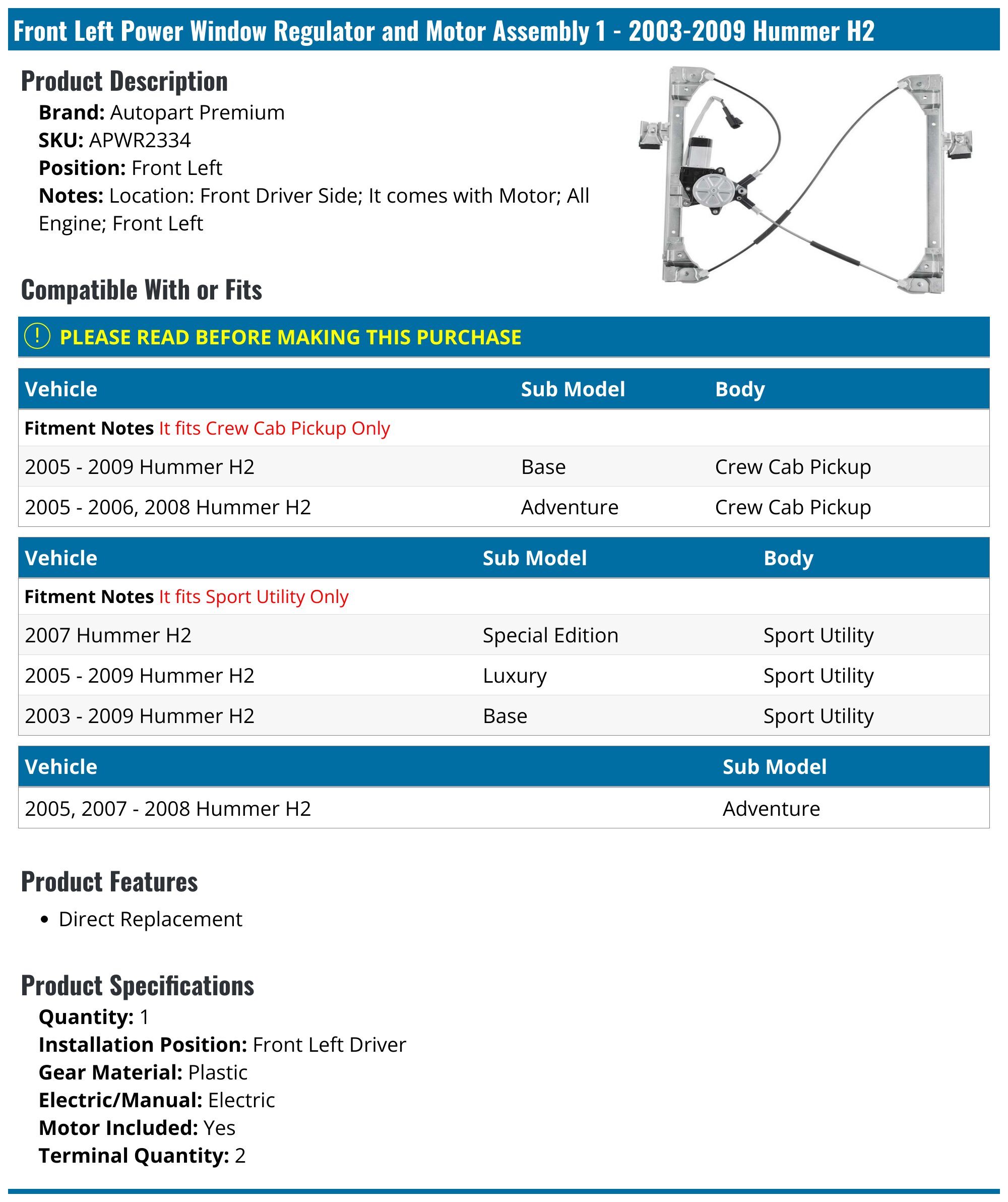 Dorman 751-708 Rear Passenger Side Power Window Motor And Regulator Assembly For Specific Hummer Models