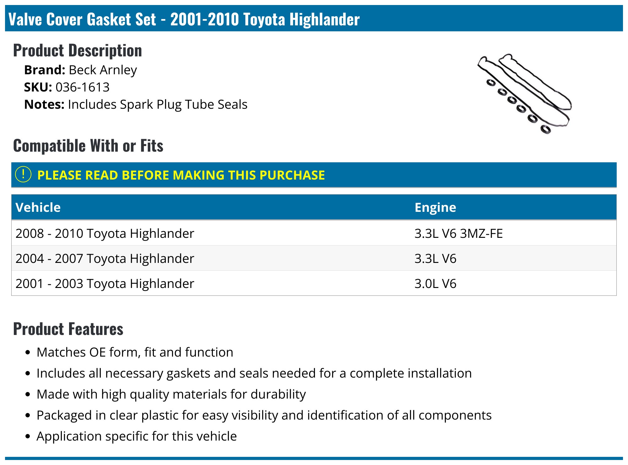 2004-2008 Toyota Highlander Valve Cover - TRQ TKA00505 2004-2008 Toyota Highlander Valve Cover - TRQ TKA00505