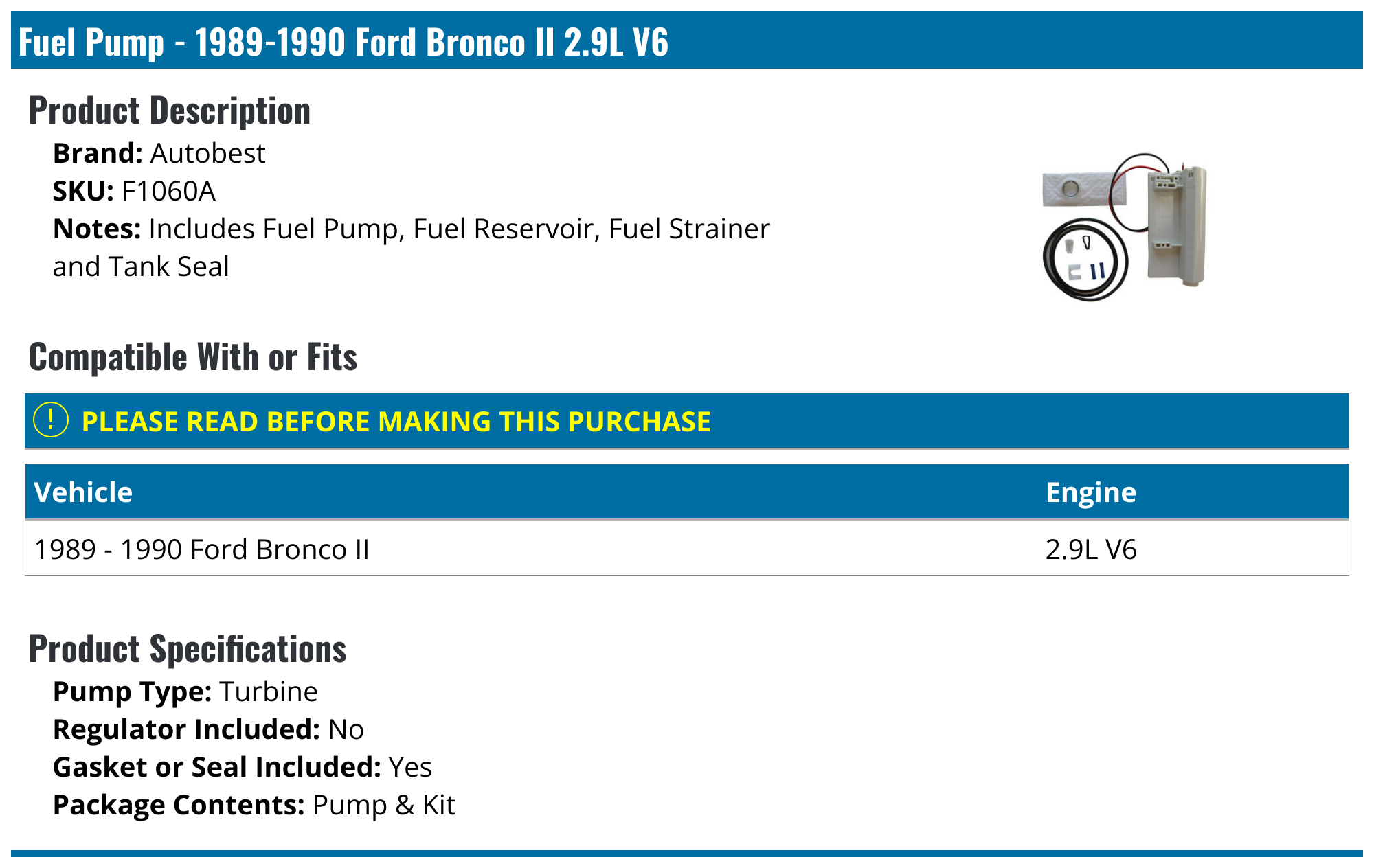 Fuel Pump - 1989-1990 Ford Bronco II 2.9L V6 - Autobest 4977-05443999, image size:2000x1264