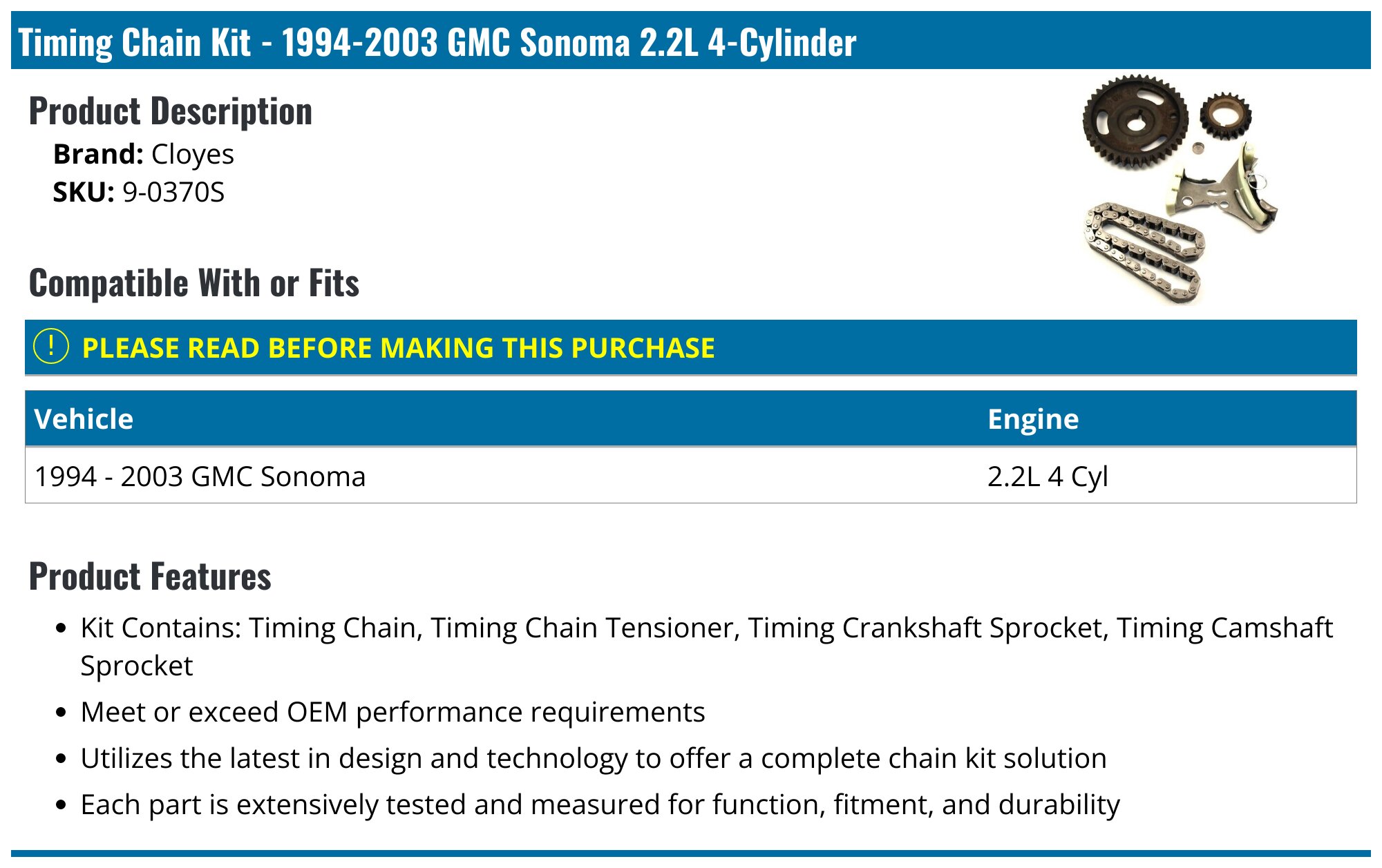 Engine Rebuild Kit For 1998 GMC Sonoma / Chevy 2.2L – Head Gaskets, Timing Chain, Water Pump