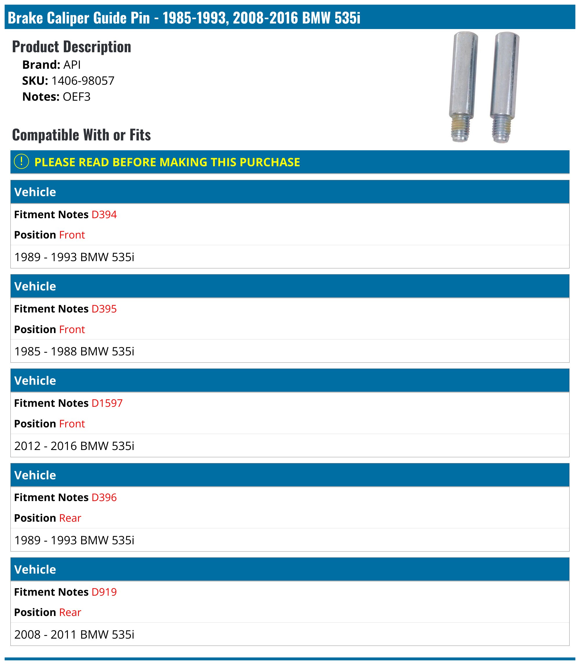 1985-1993, 2008-2016 BMW 535i Brake Caliper Guide Pin - API 1059 ...