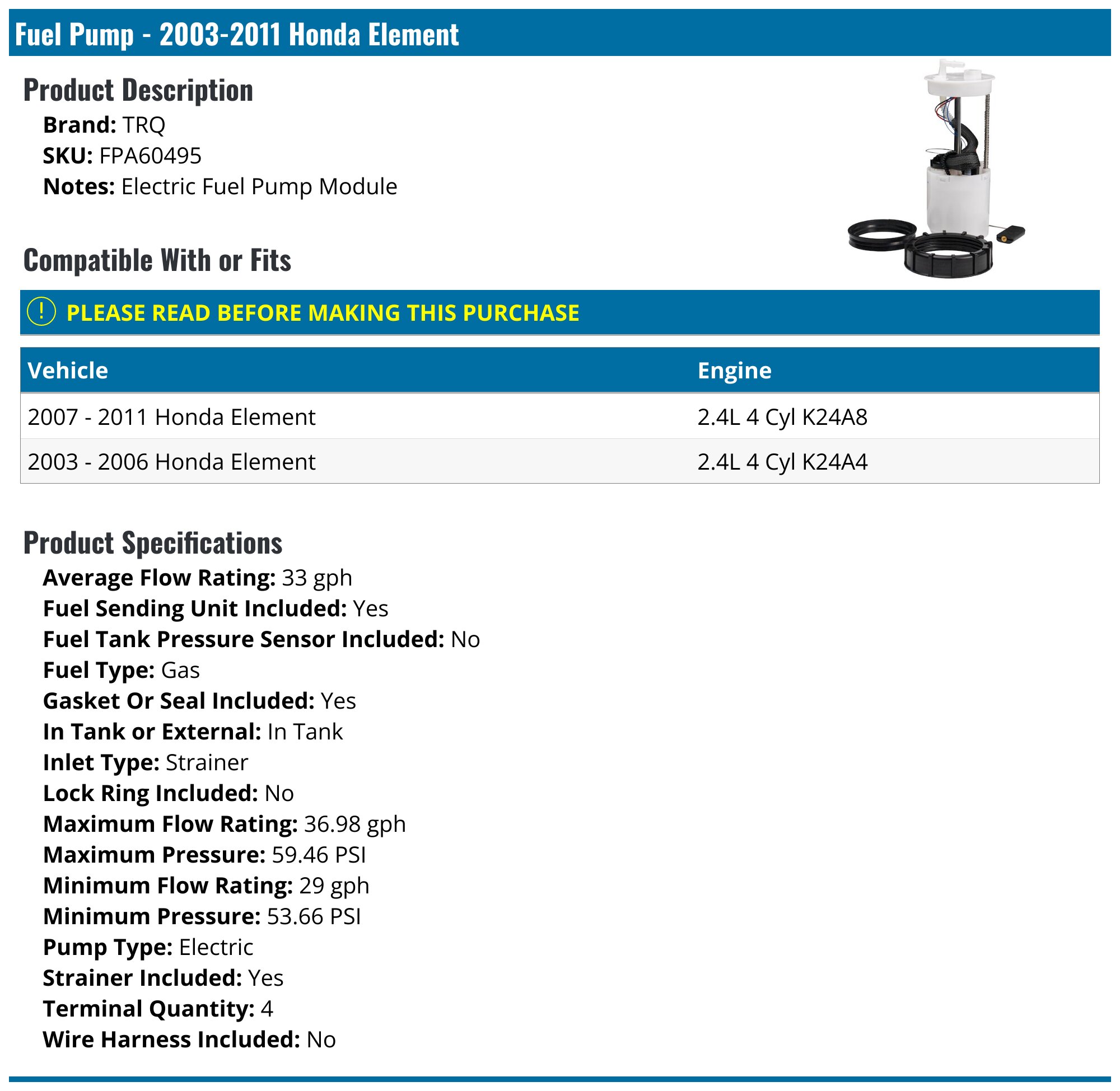 Electric Fuel Pump Module For Honda Element 2.4L – 2003-2011 (In-Tank, W/ Float) By ECCPP