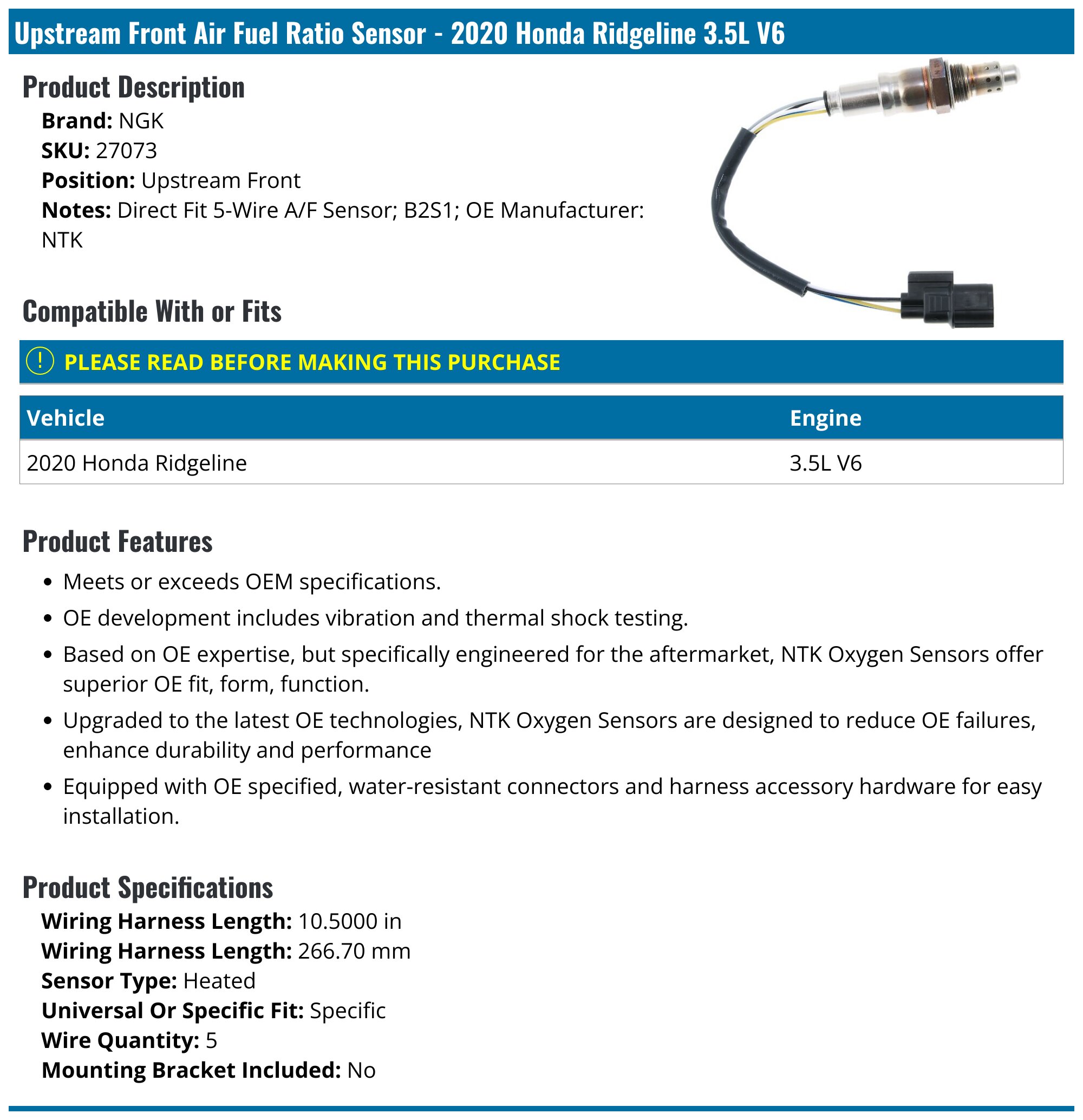 27073 O2 Sensor 2020-2024 Honda Ridgeline Oxygen Sensor - NGK 27073 - Upstream Front ...