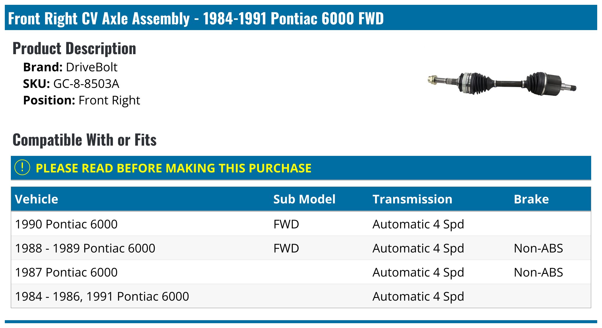 85x03aa 1984-1991 Pontiac 6000 Axle Assembly - DriveBolt GC-8-8503A - Front ...