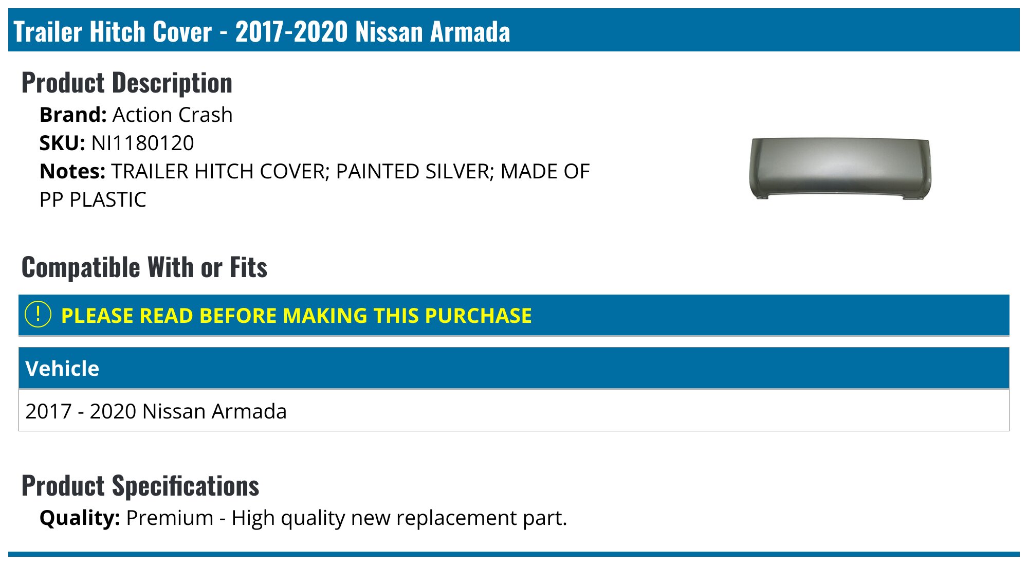 20172020 Nissan Armada Trailer Hitch Cover Action Crash NI1180120