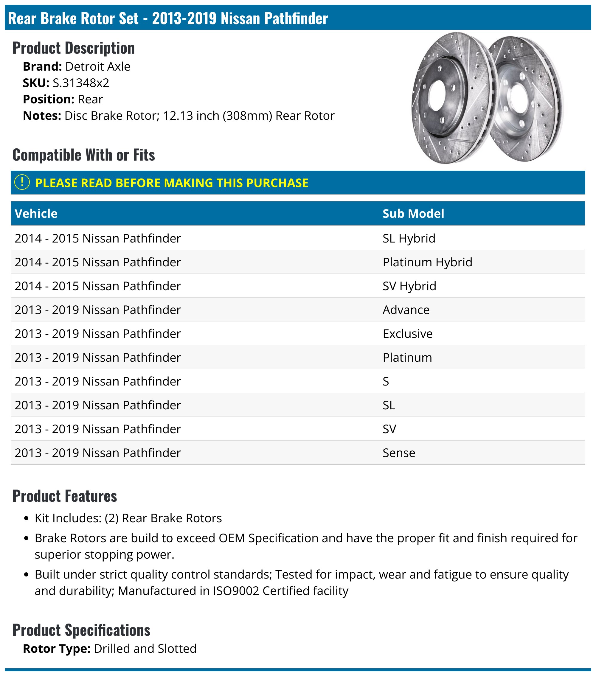 DuraGo Rear Disc Brake Rotor For 2022-2023 Nissan Pathfinder – 97354RR – 12 Month Warranty