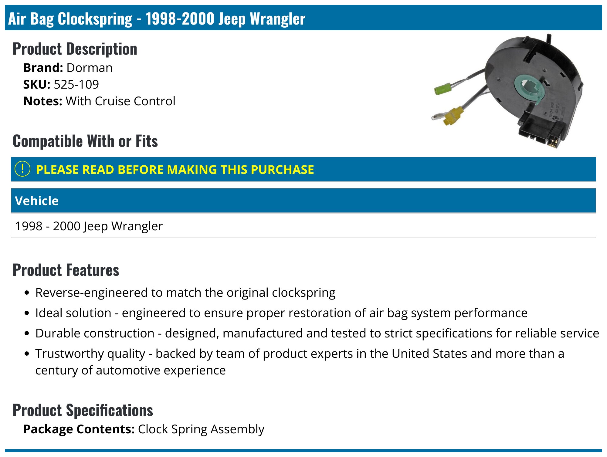 C-HORSE Clock Spring 56047105AA For Jeep Wrangler TJ With Cruise Control 1998-2000