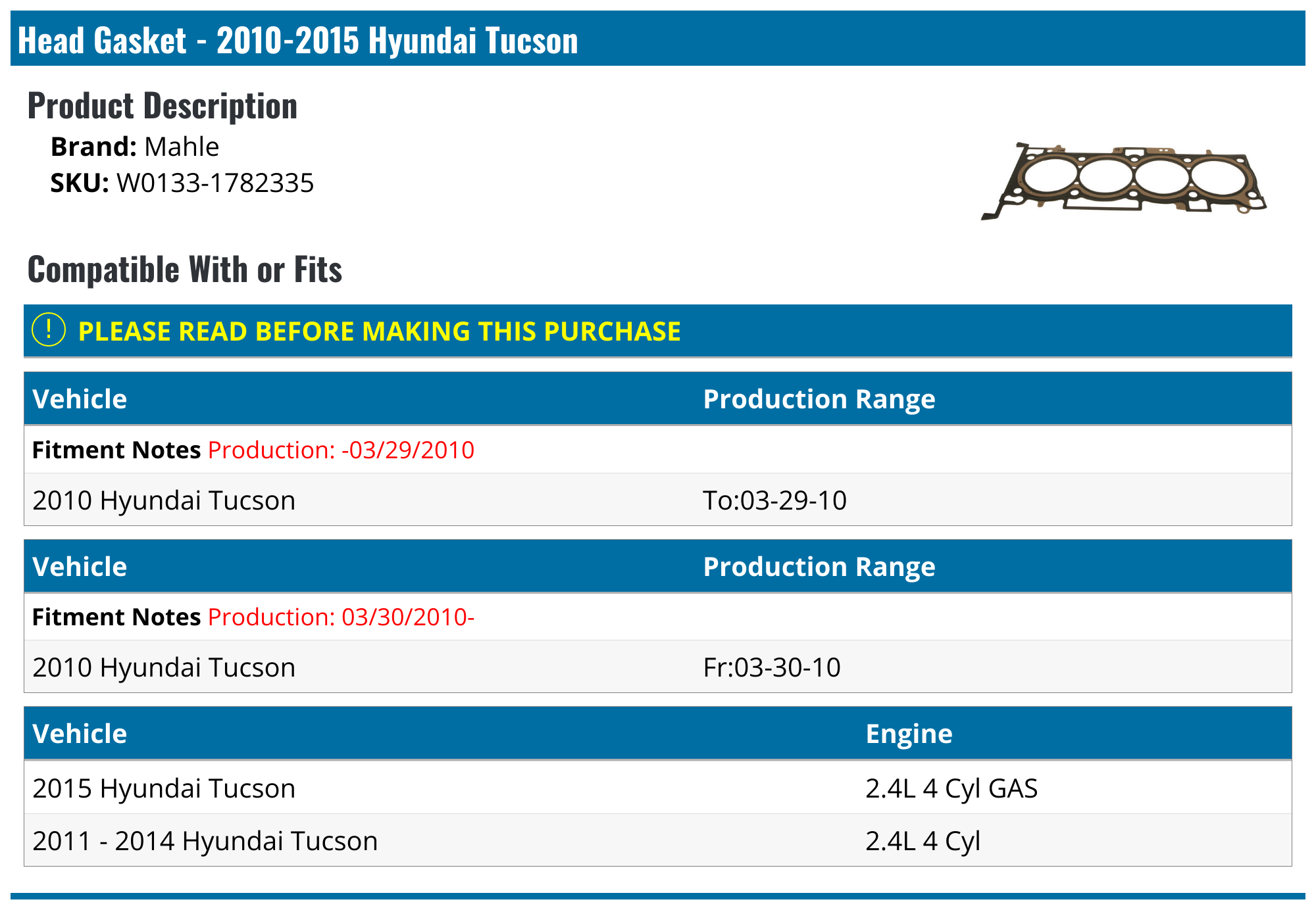20102015 Hyundai Tucson Head Gasket Mahle W01331782335