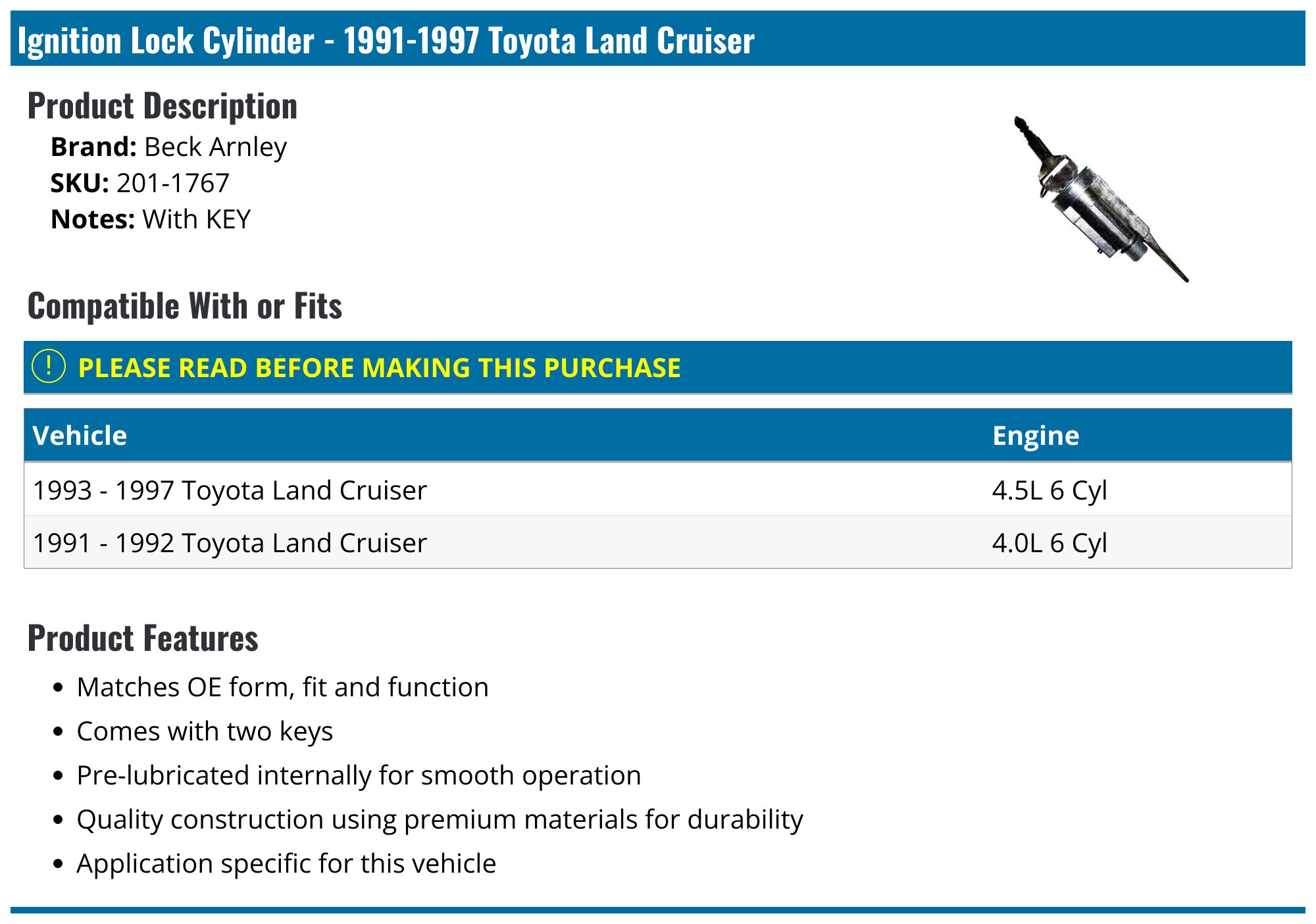 1991-1997 Toyota Land Cruiser Ignition Lock Cylinder - Beck Arnley