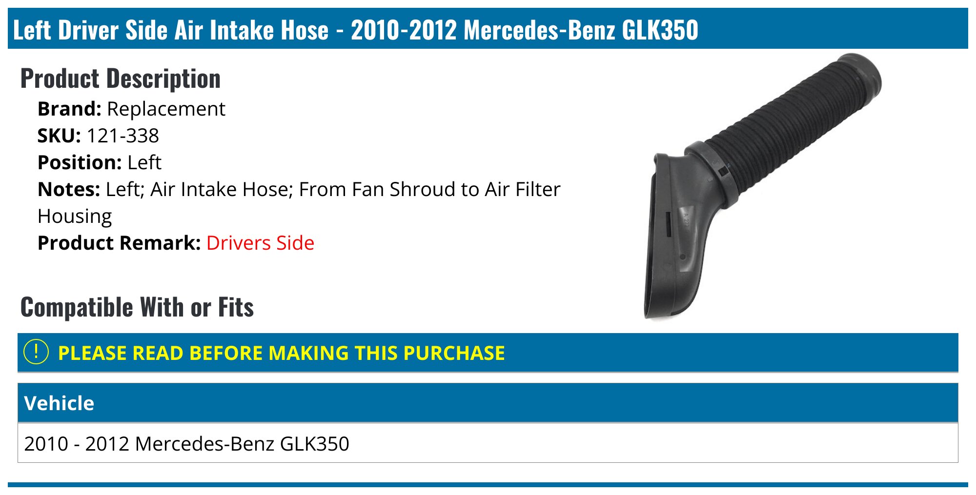 Genuine Mercedes 2720902982, A2720902982 Air Intake Hose; Left - Mercedes