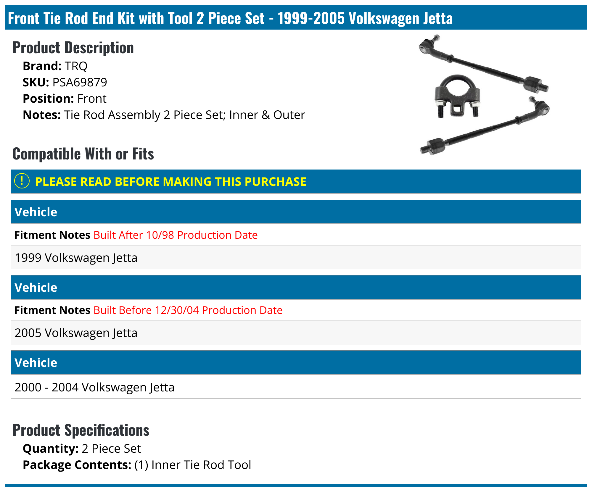 19992005 Volkswagen Jetta Tie Rod End TRQ PSA69879 Front