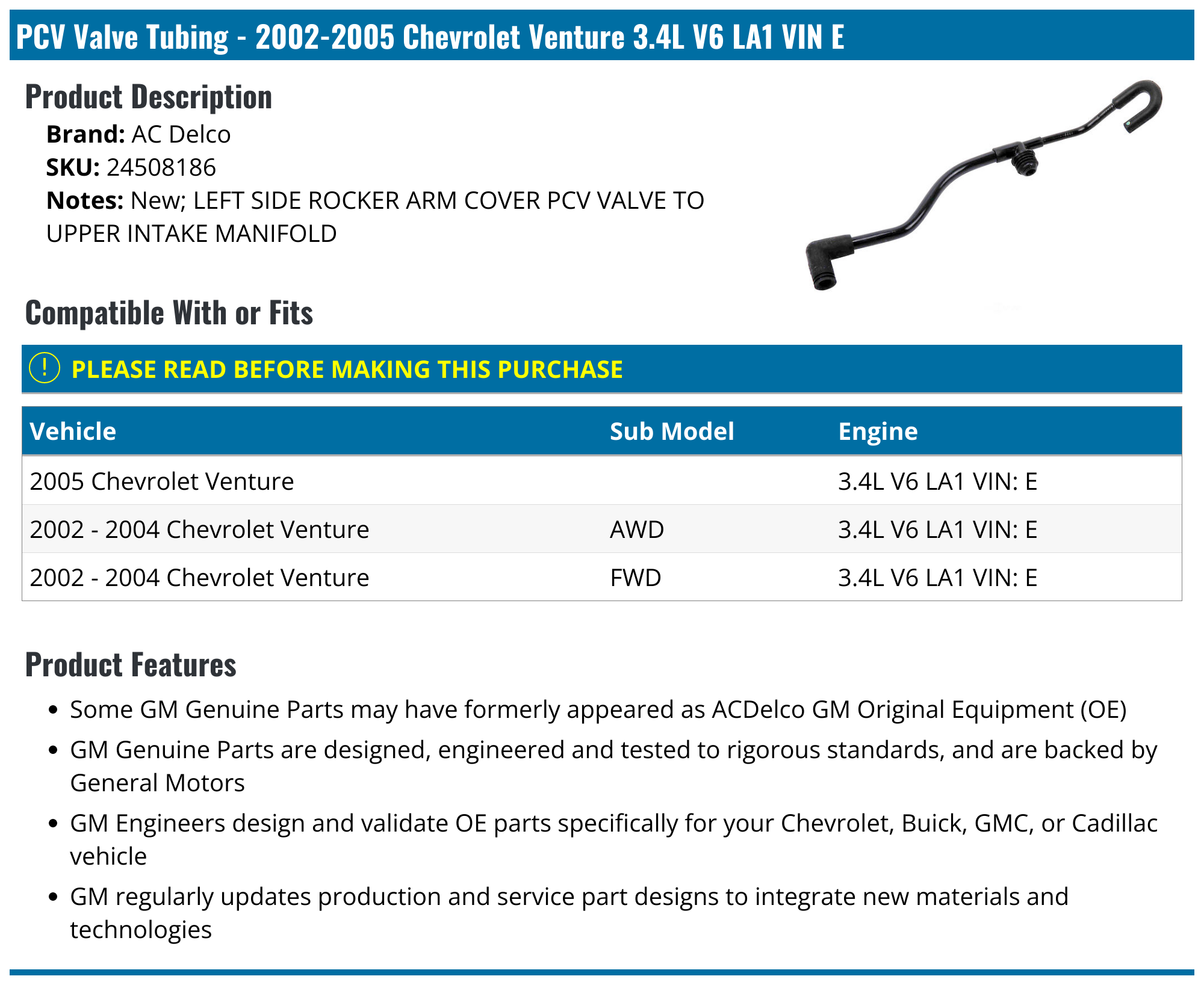 20022005 Chevrolet Venture PCV Valve Tubing AC Delco 24508186