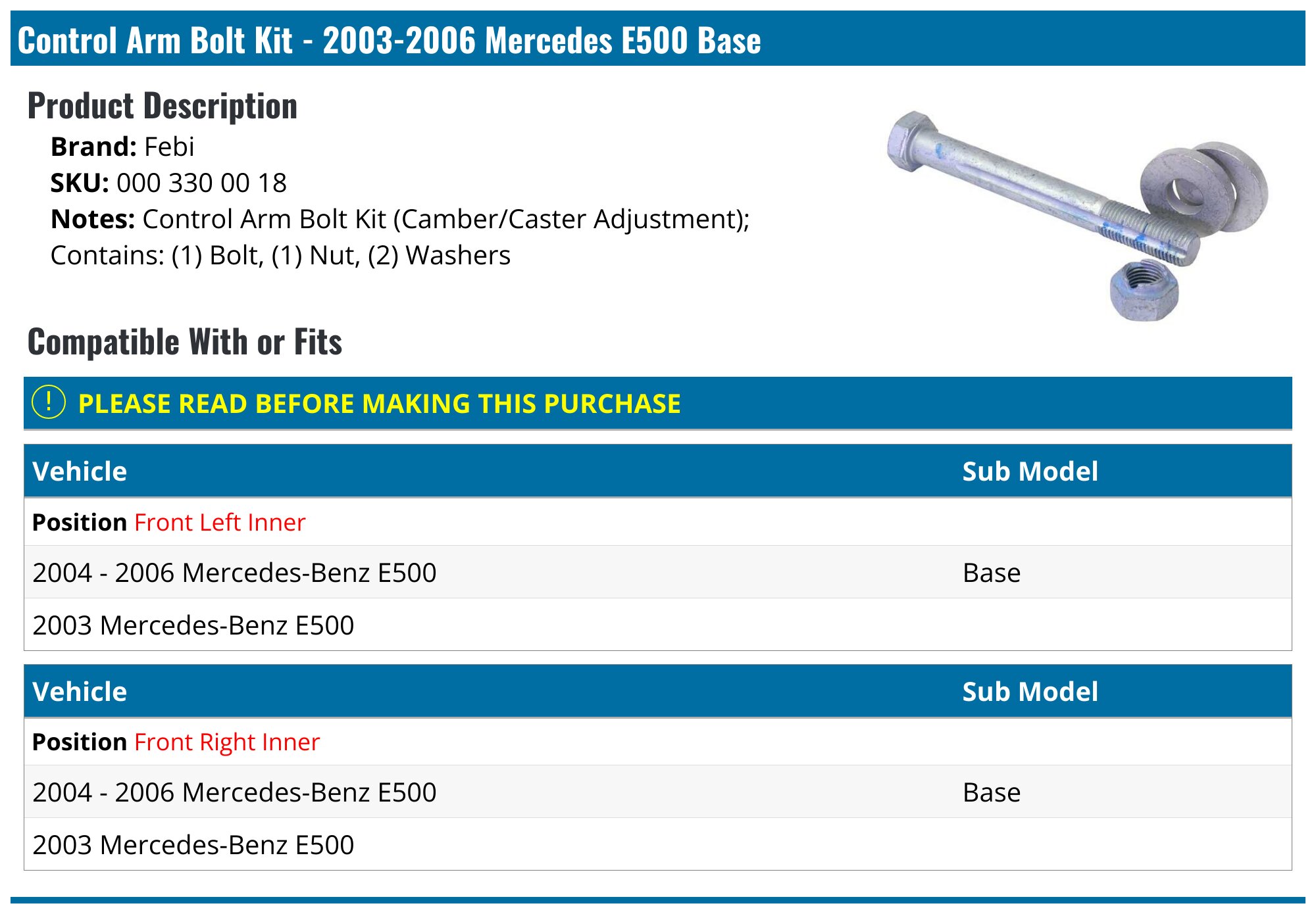 2003 2006 Mercedes E500 Control Arm Bolt Kit Febi 000 330 00 18