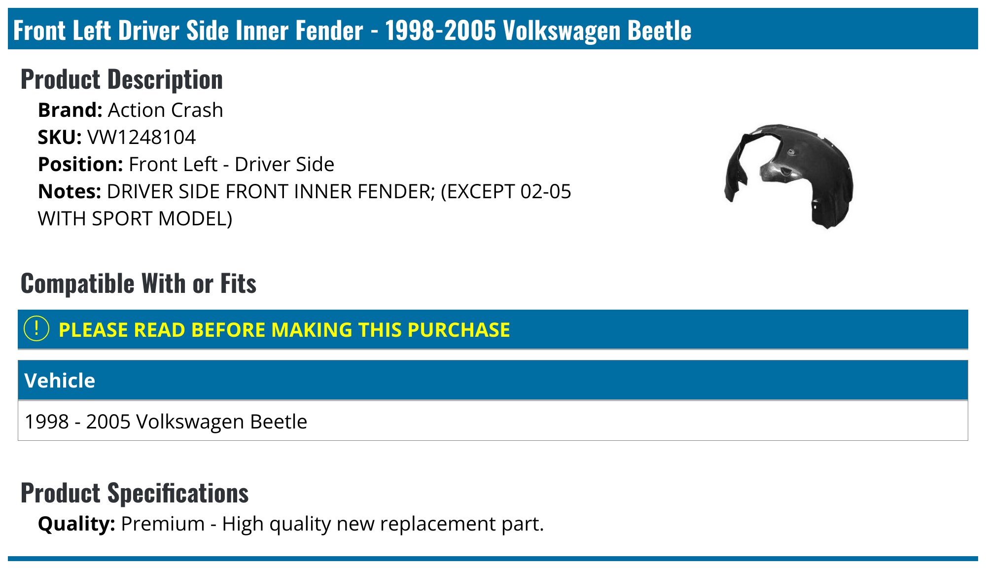 2006 2010 Volkswagen Beetle Fender Liner 1C0 809 961 G | OEM Parts Online
