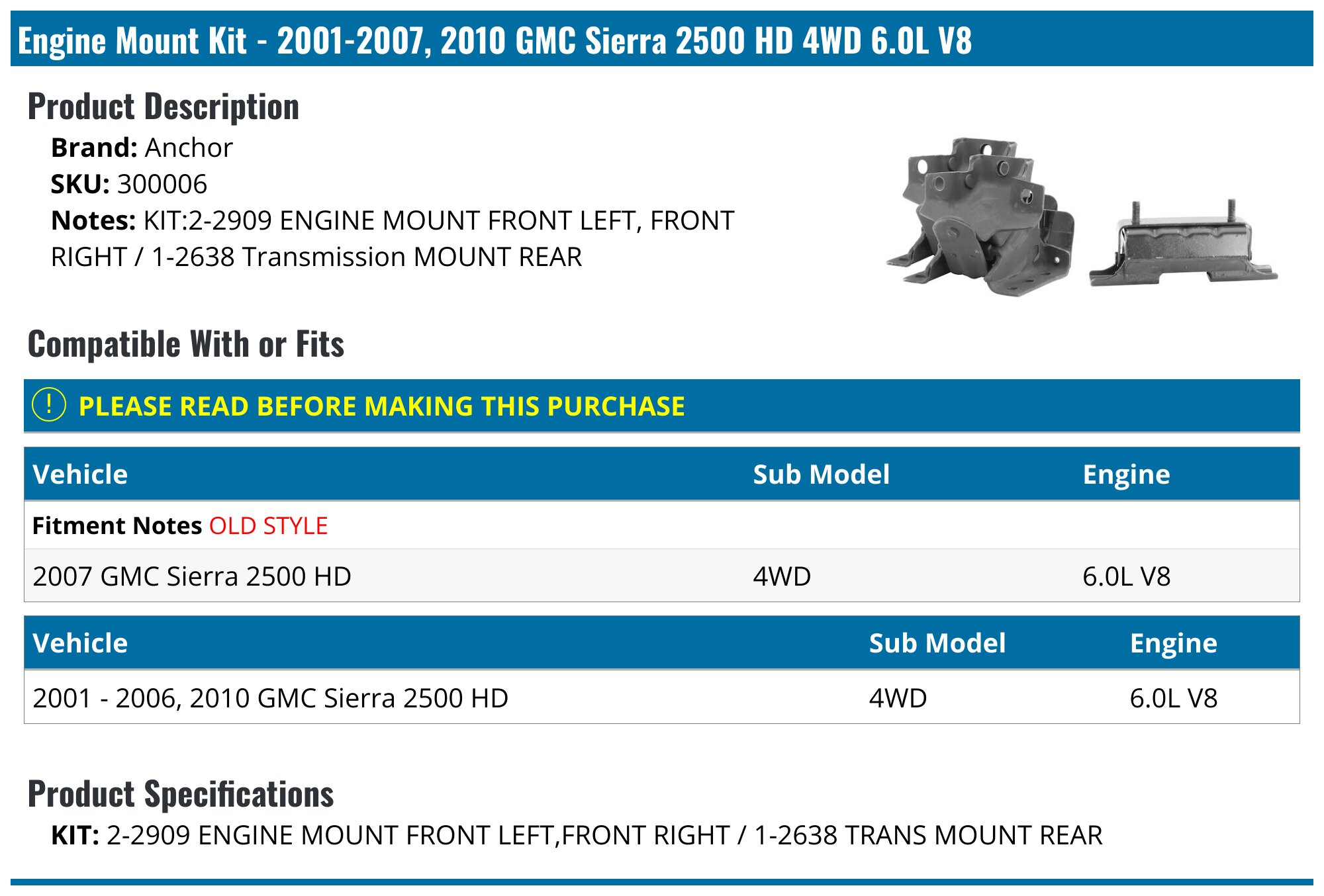 Anchor Rear Automatic Transmission Mount For GMC Sierra 2500 HD 2001-2010 | Fits 6.6L & 8.1L V8