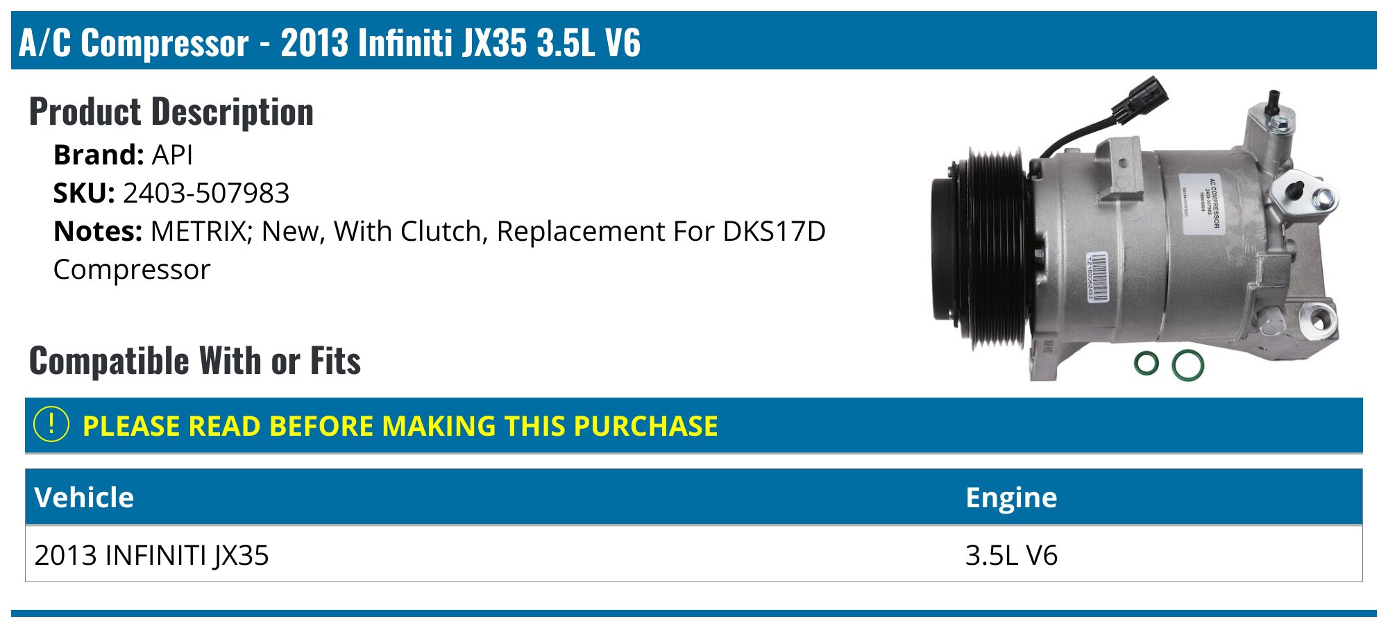 Infiniti JX35 AC Compressor - Air Conditioning - Replacement UAC