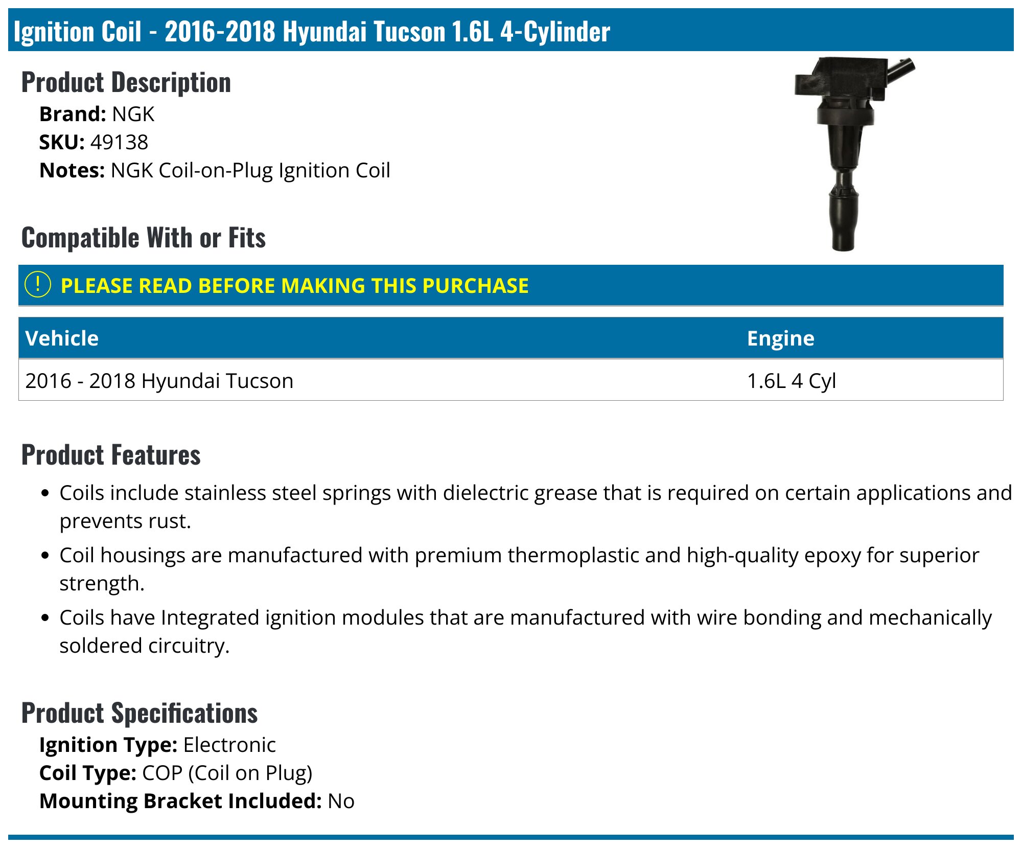 2016-2018 Hyundai Tucson Ignition Coil - NGK 49138 - PartsGeek.com