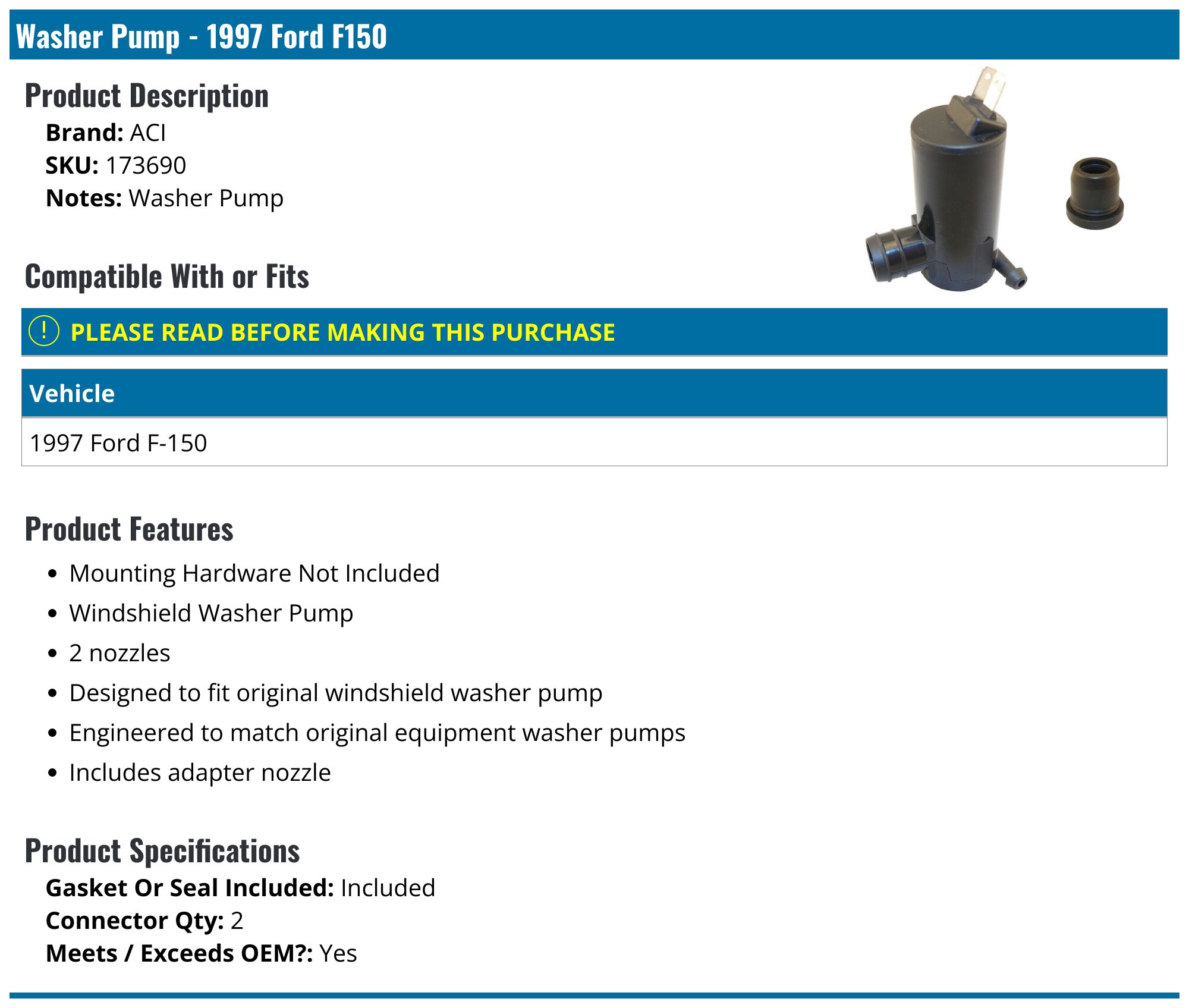 ACI Windshield Washer Pump For Ford Bronco (1971-1996) – Direct Replacement