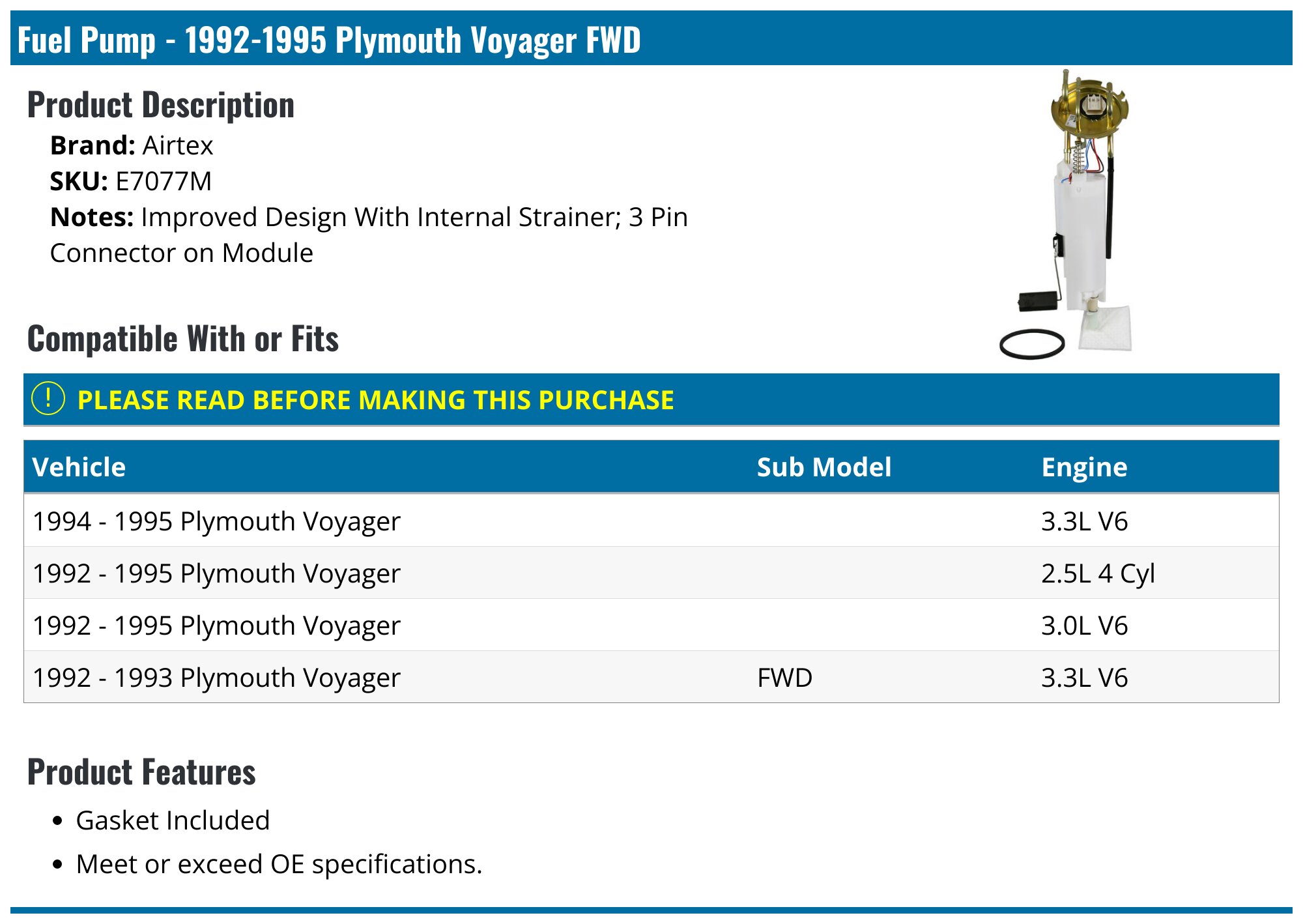 19921995 Plymouth Voyager Fuel Pump Airtex E7077M