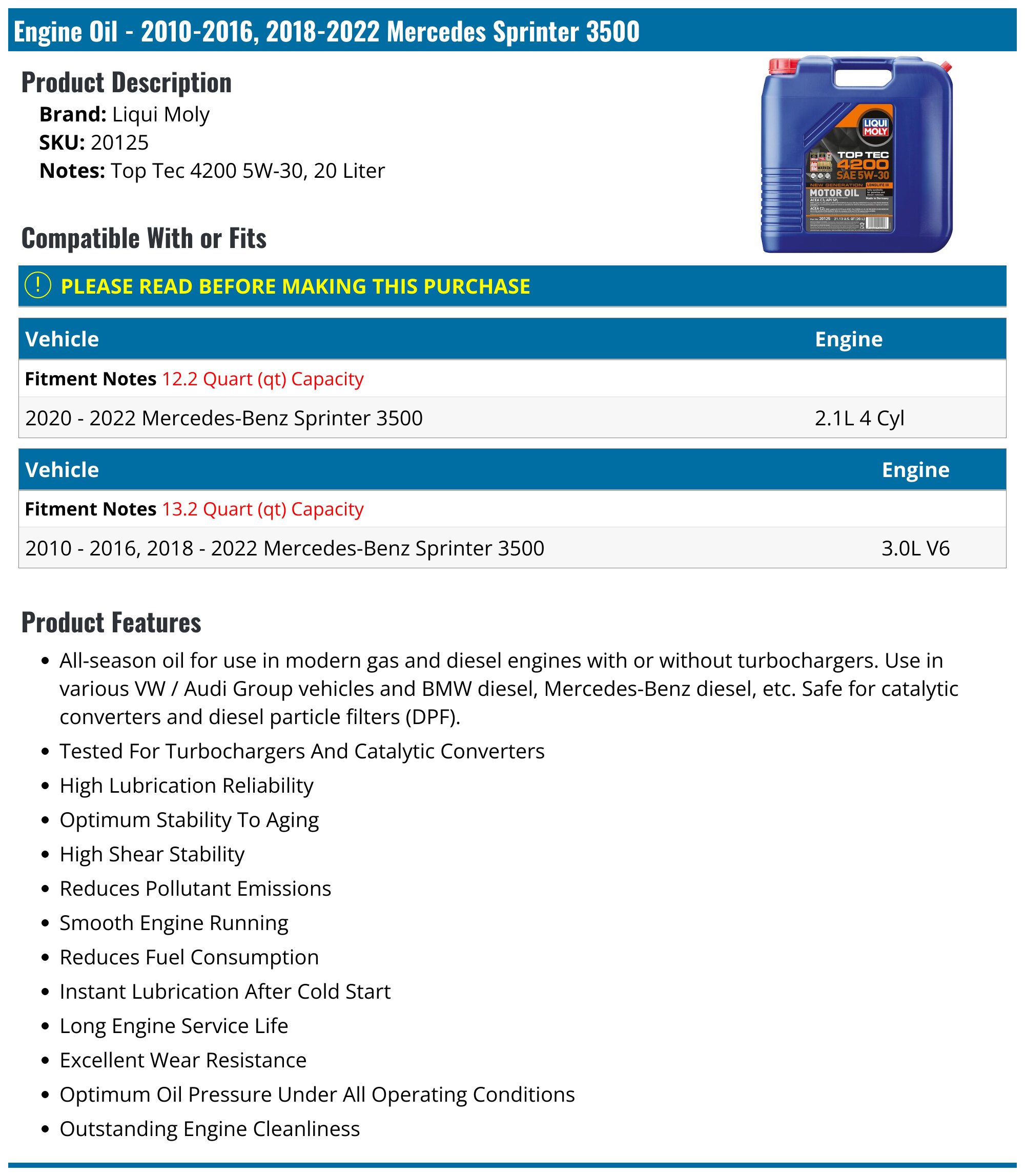 Sprinter Oil 2010-2024 Mercedes Sprinter 3500 Engine Oil - Liqui Moly 20125 ...