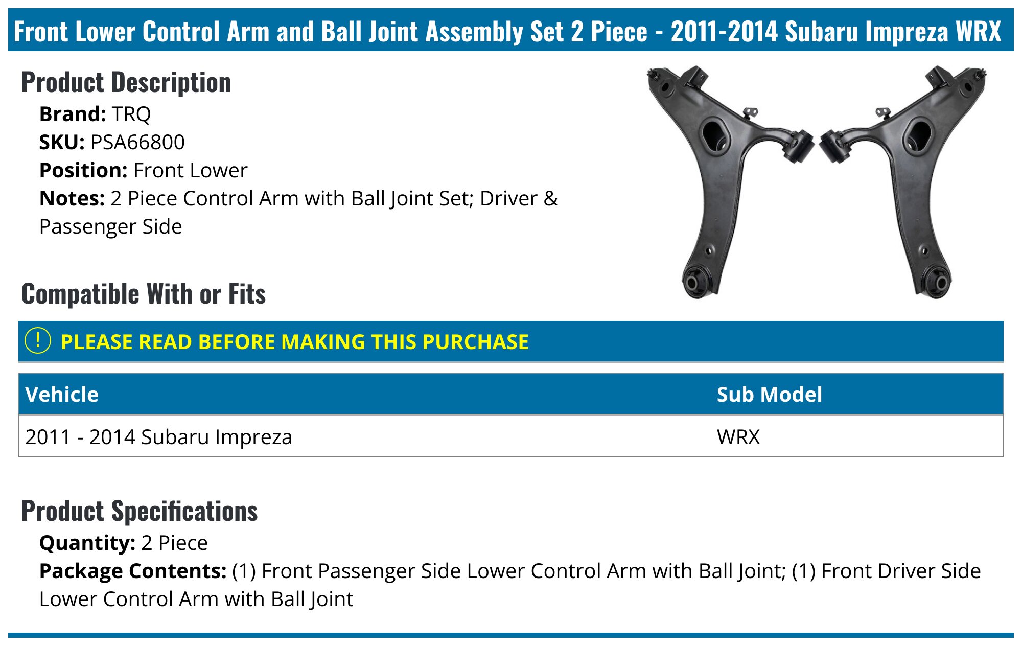 Detroit Axle Front Right Lower Control Arm With Ball Joint For Subaru Forester/Impreza 2011-2013