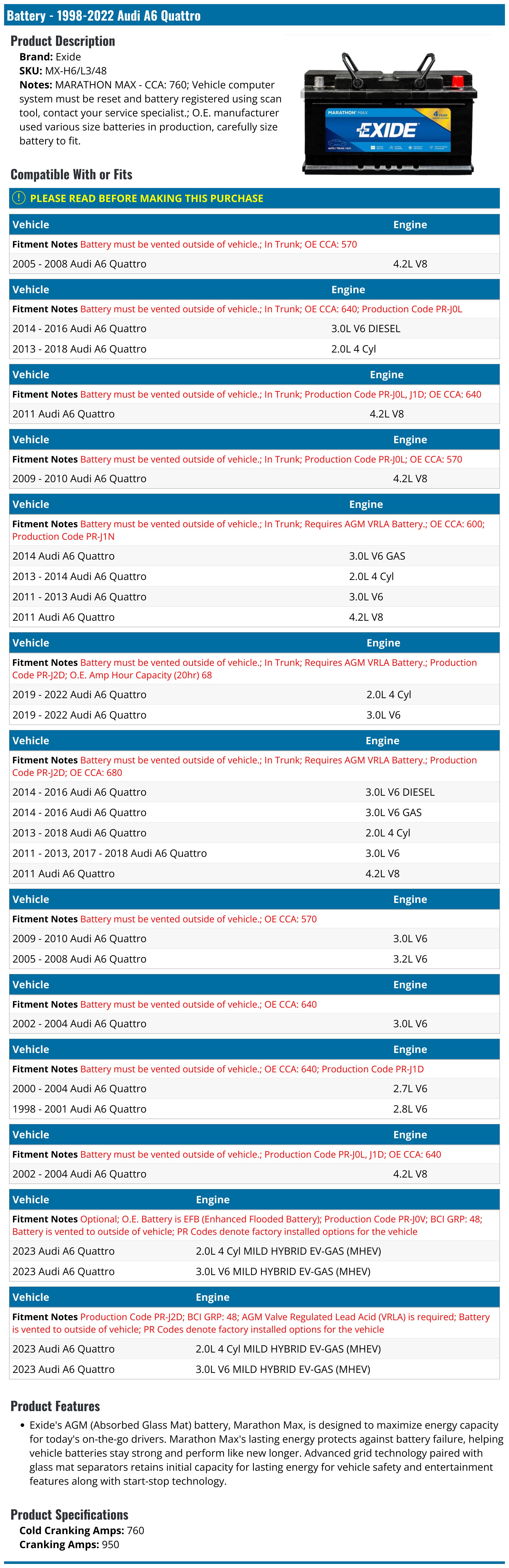 Battery - 1998-2004, 2009-2025 Audi A6 Quattro - Exide 7428-05951984, image size:2000x6156