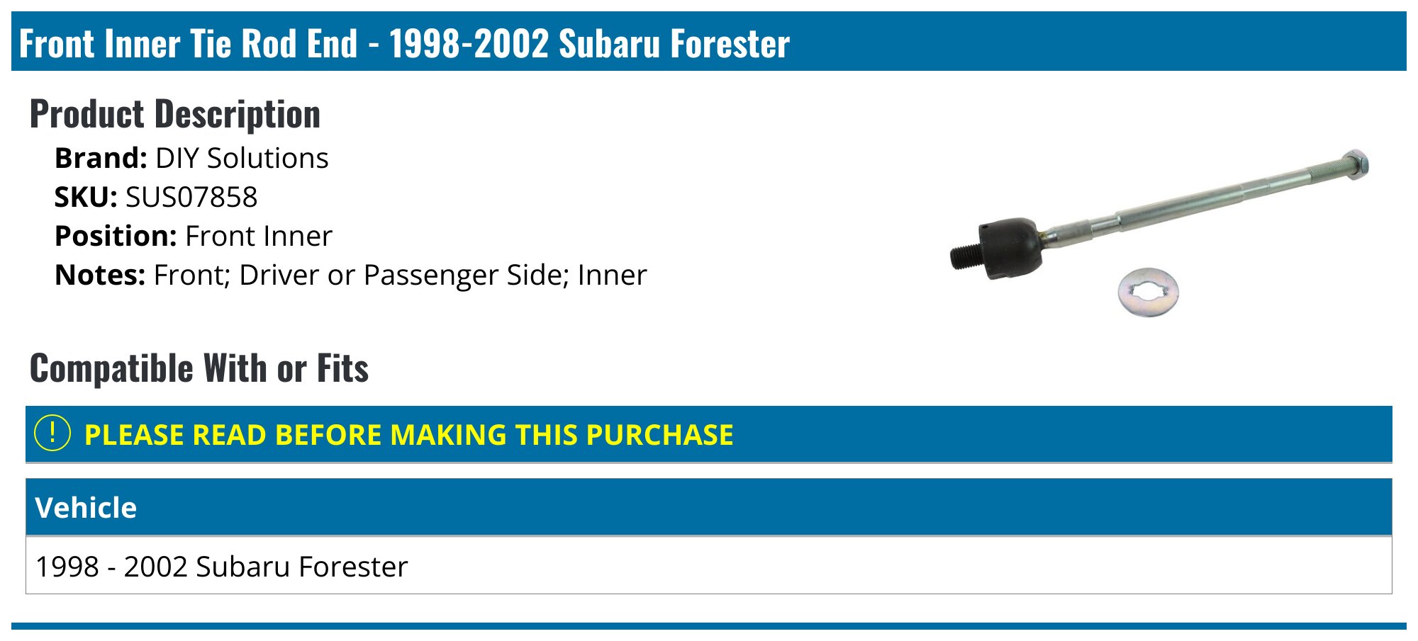 Evan-Fischer Front Inner Tie Rod End Set For 1998-2002 Subaru Forester – Left & Right, Pair