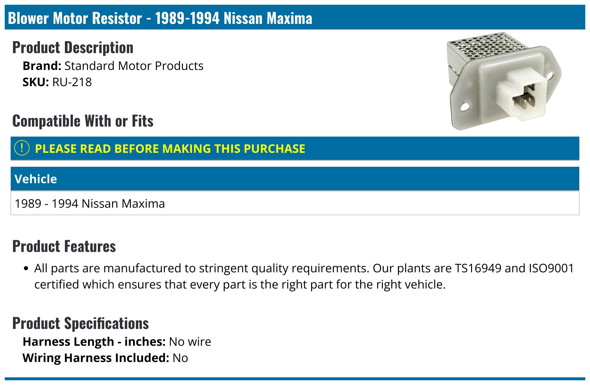 Blower Motor Resistor For 2002-2006 Nissan Altima – Autopart Premium 75749VB – HVAC