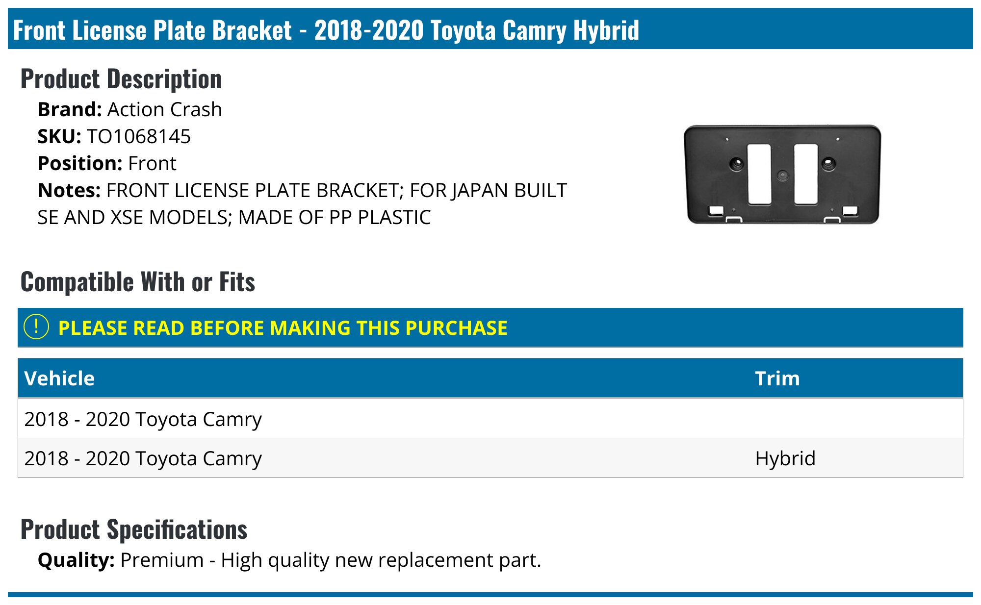 Evan-Fischer Front License Plate Bracket – 2018-2020 Toyota Sienna – OE 7510108030 / TO1068146