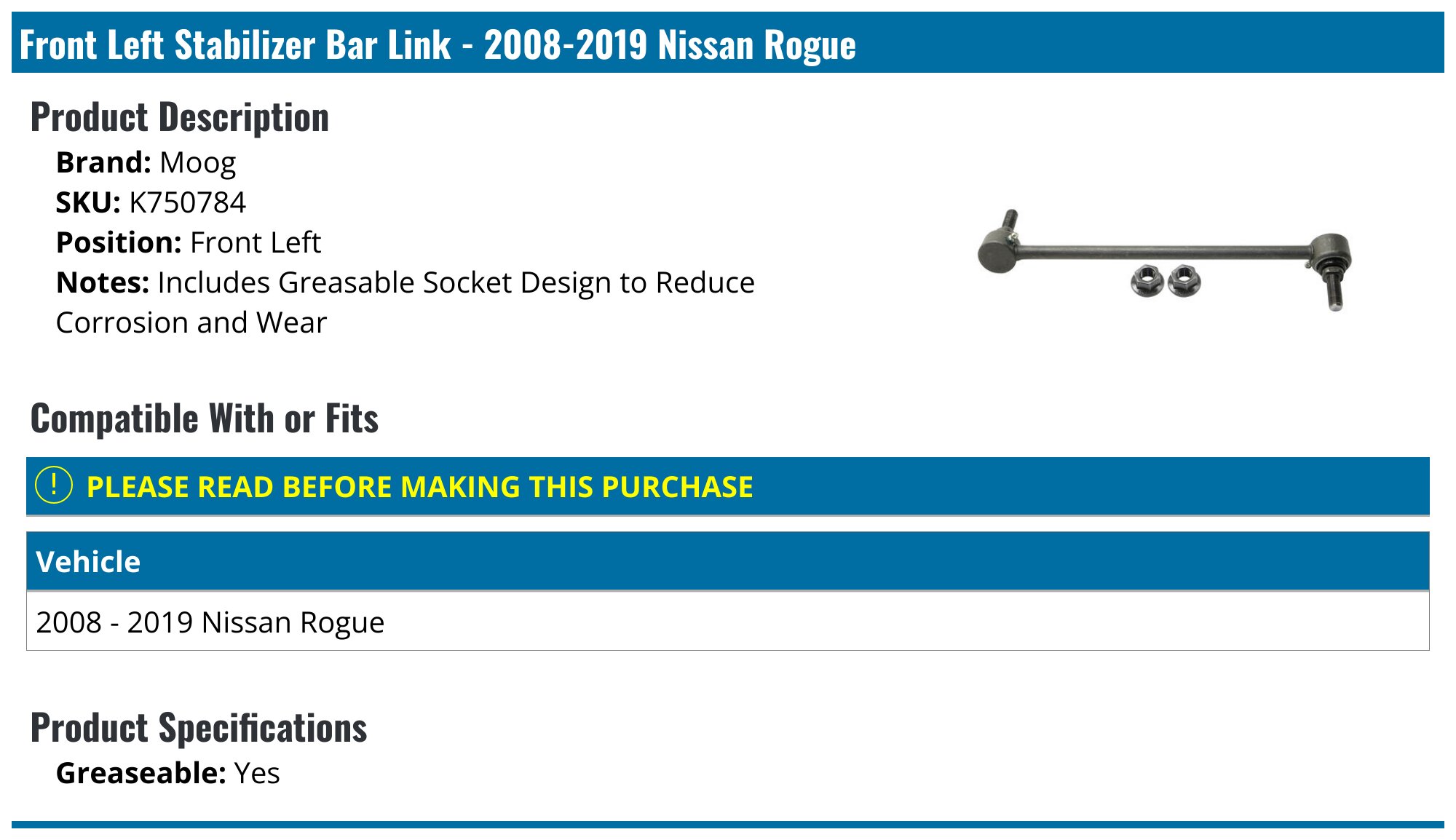 Nissan Rogue Sway Bar Link - Sway Bar Links - Moog Mevotech API