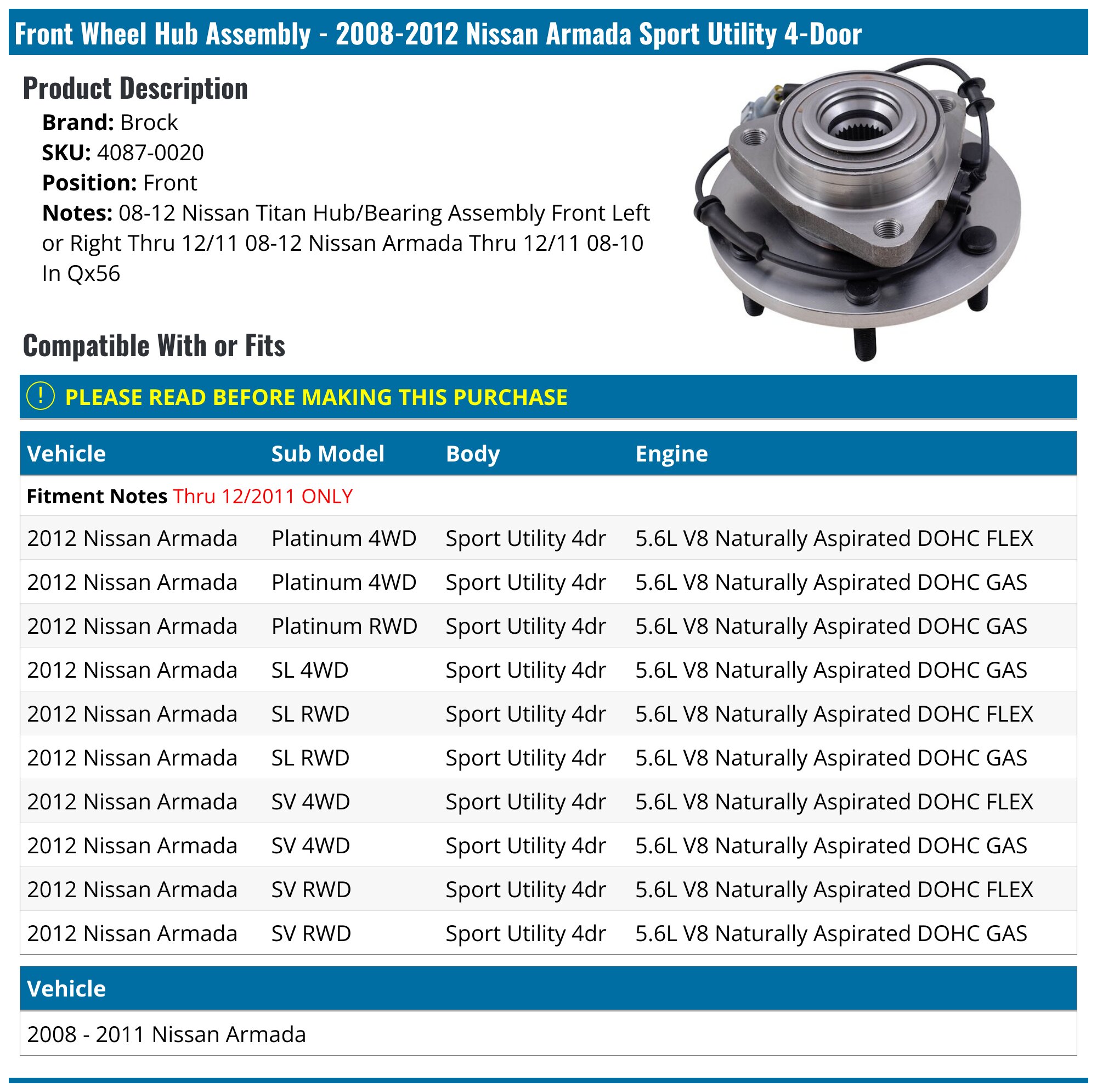 Front Wheel Hub Bearing Assembly For Nissan Titan Armada 2008-2012 – 4WD AWD (Driver & Passenger Side)