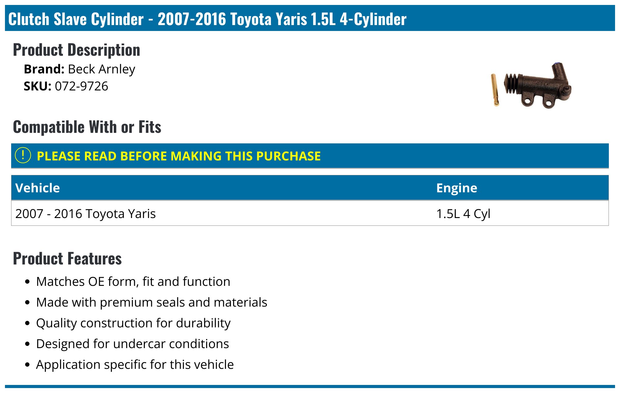 20072016 Toyota Yaris Clutch Slave Cylinder Beck Arnley 0729726