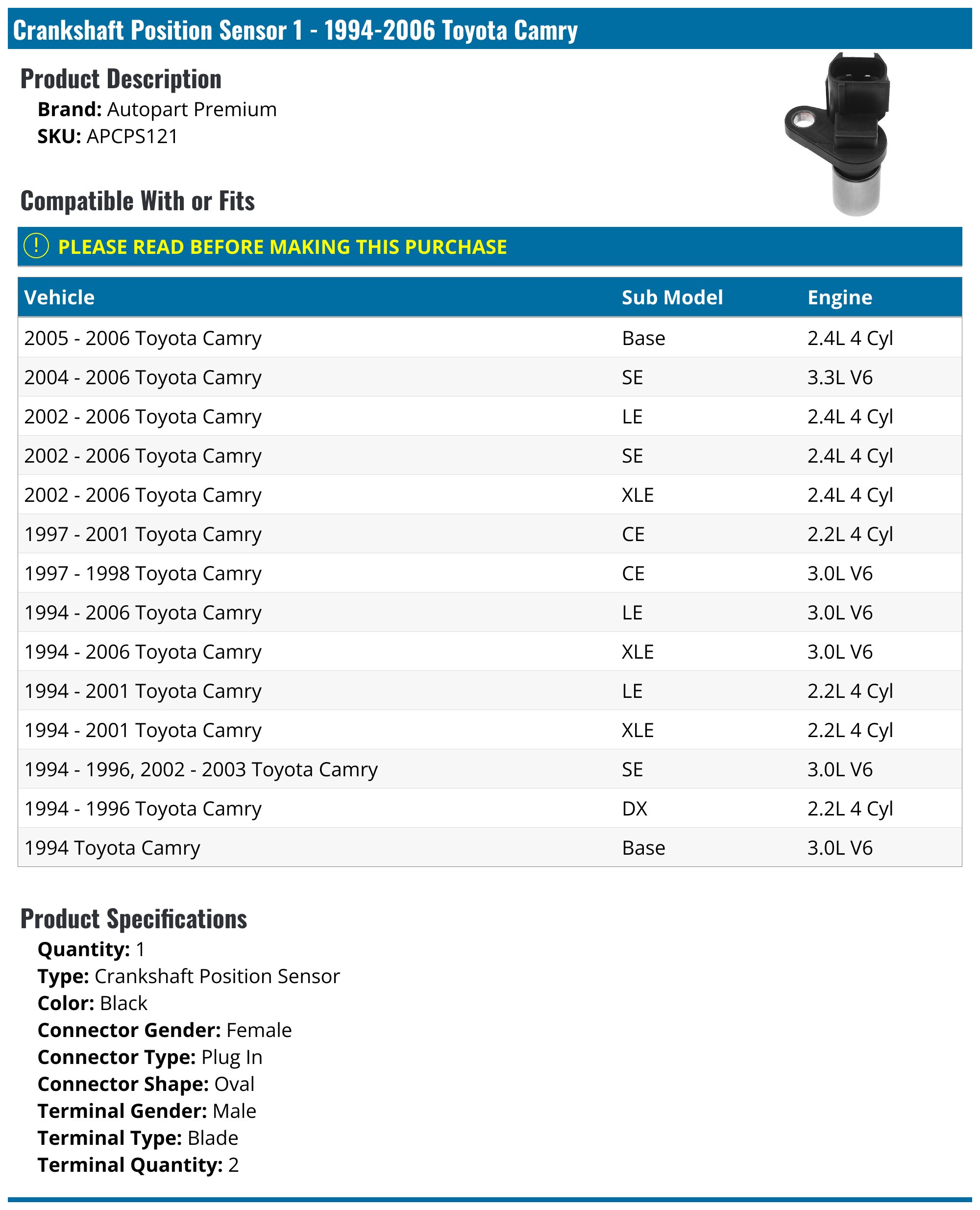 1994-2006 Toyota Camry Crank Position Sensor - Autopart Premium ...