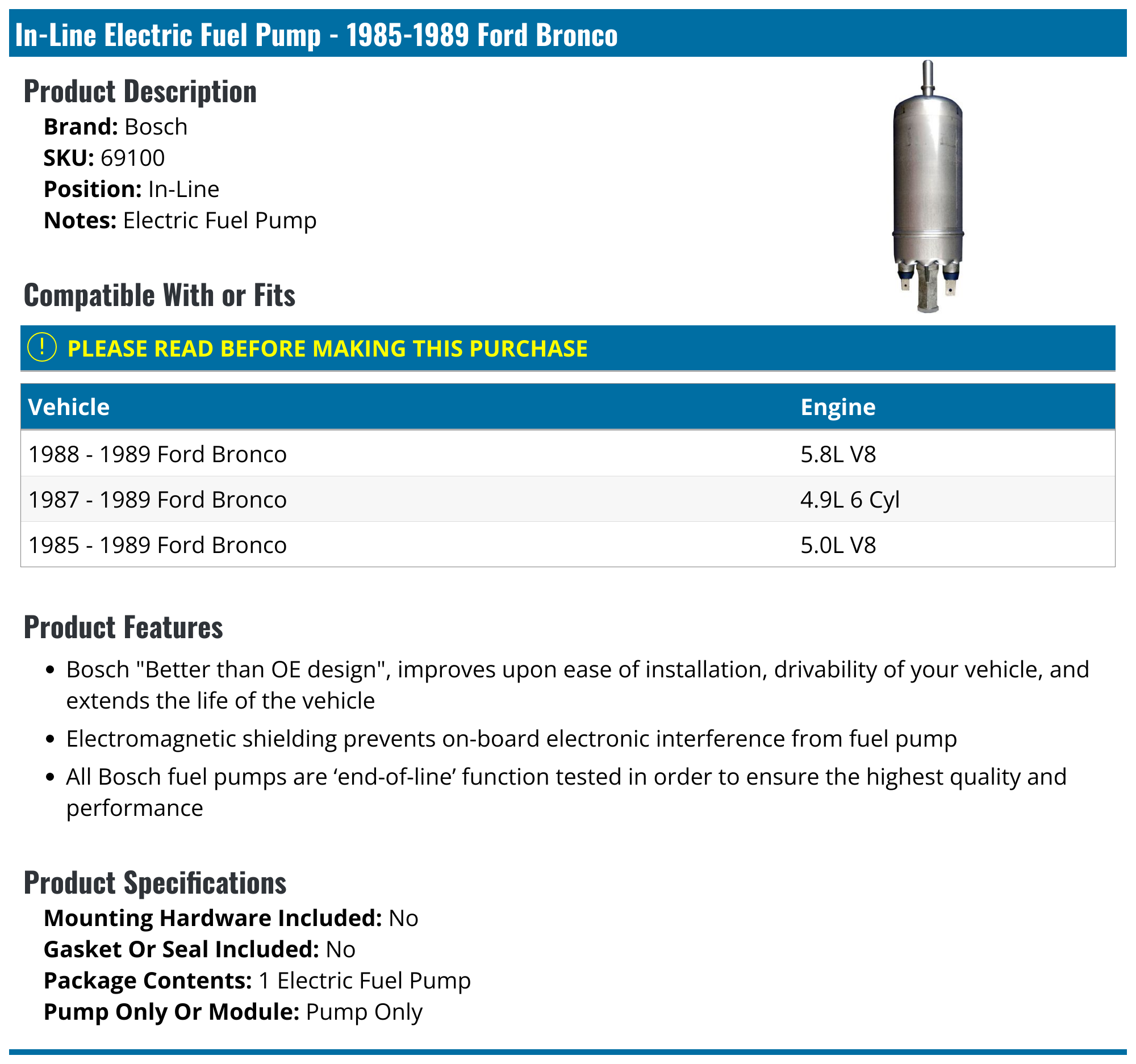 In-Line Electric Fuel Pump - 1985-1989 Ford Bronco - Bosch 4960-02461416, image size:2000x1874