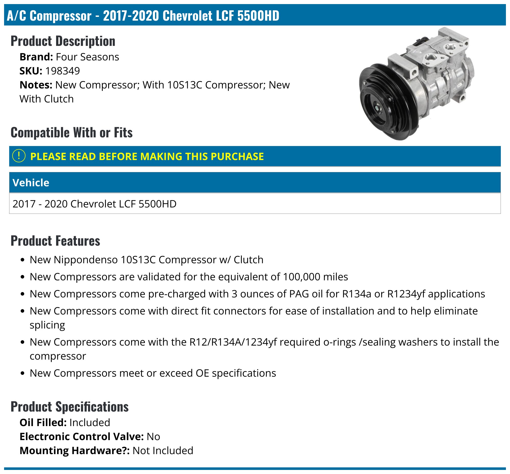 2017-2024 Chevrolet LCF 5500HD A/C Compressor - Four Seasons 198349 ...