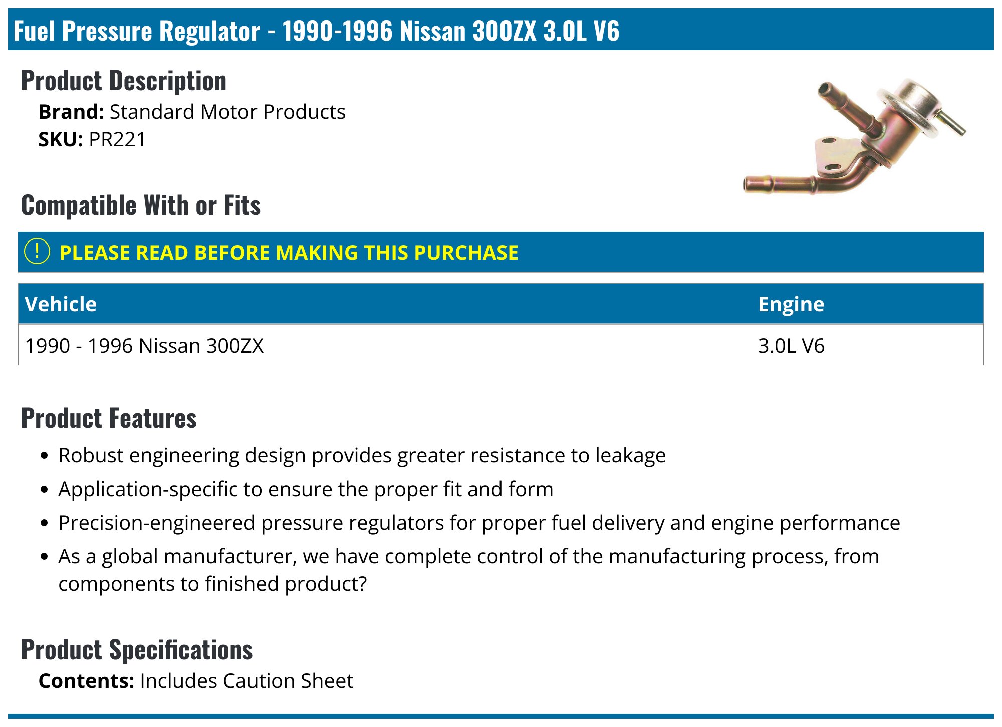 1990-1996 Nissan 300ZX Fuel Pressure Regulator - Standard Motor