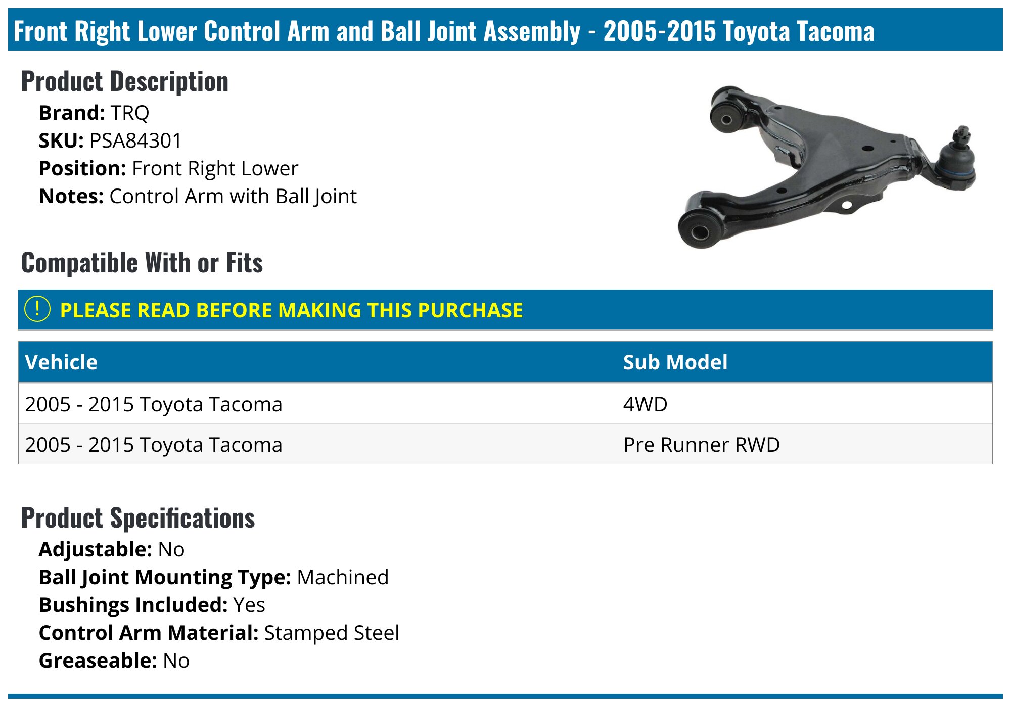 Front Right Lower Control Arm With Ball Joint For Toyota Tacoma 2005-2015 - AM Autoparts