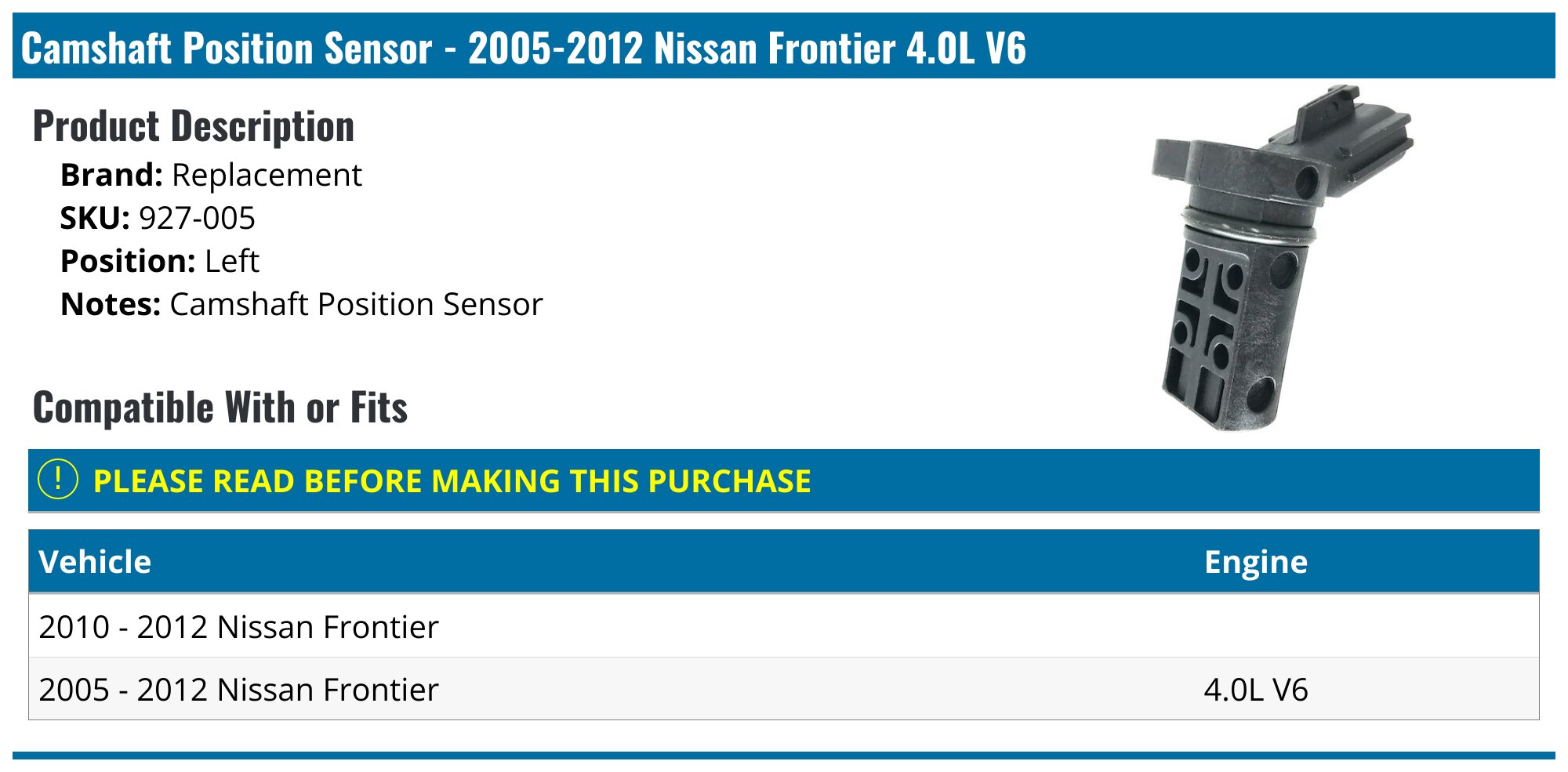 2012 Nissan Frontier Camshaft Position Sensor