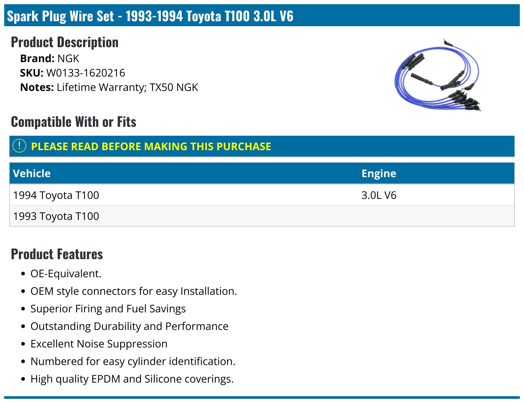 7pc Spark Plug Wire Set For Toyota 4Runner Pickup 1991-1995 & T100 1993-1994 3.0L V6