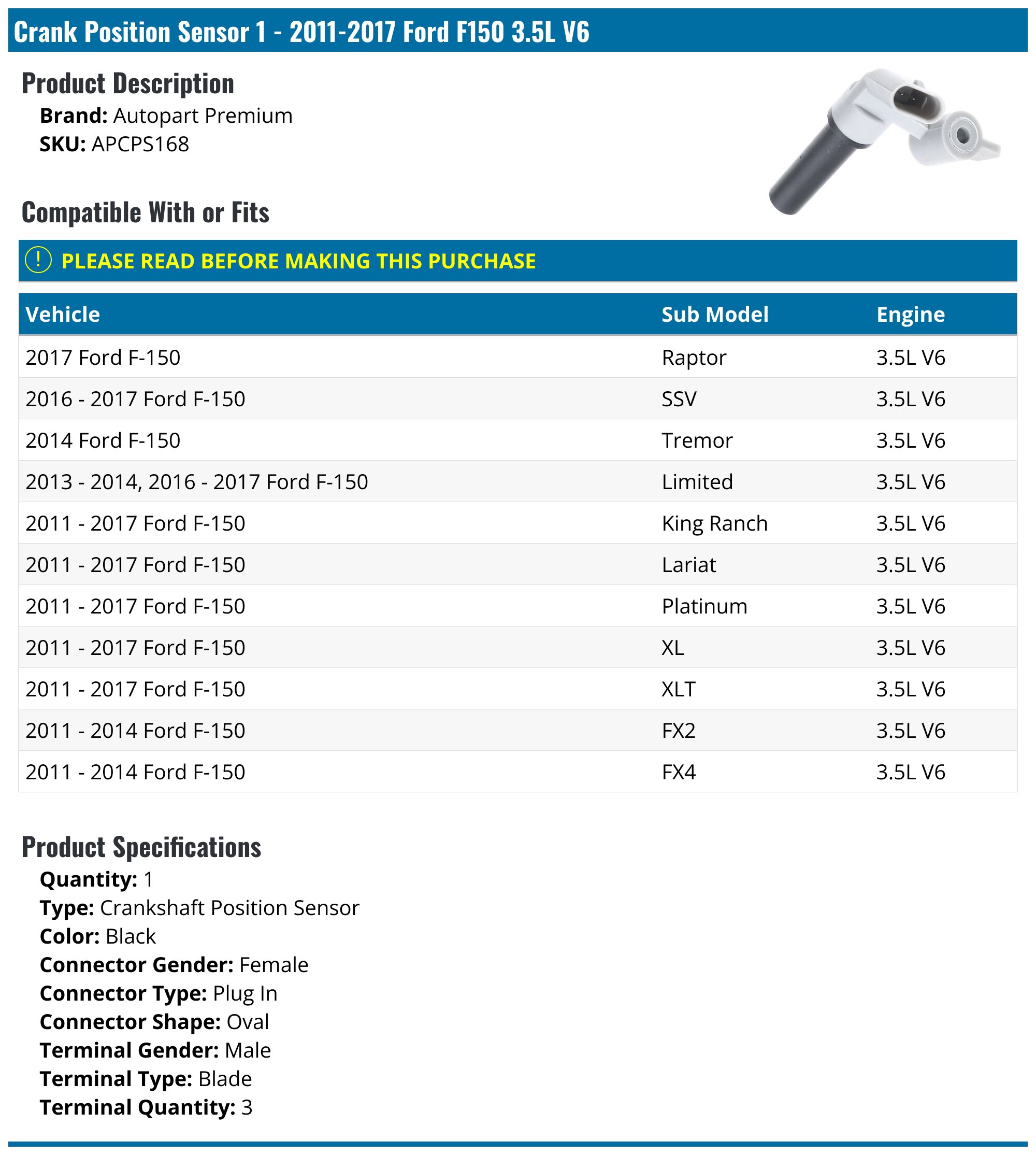 2011-2017 Ford F150 Crank Position Sensor - Autopart Premium APCPS168 ...