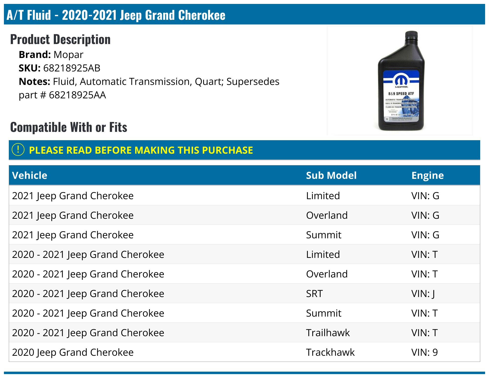Genuine Mopar 8 & 9 Speed ATF Automatic Transmission Fluid – 1 Quart (68218925AB)