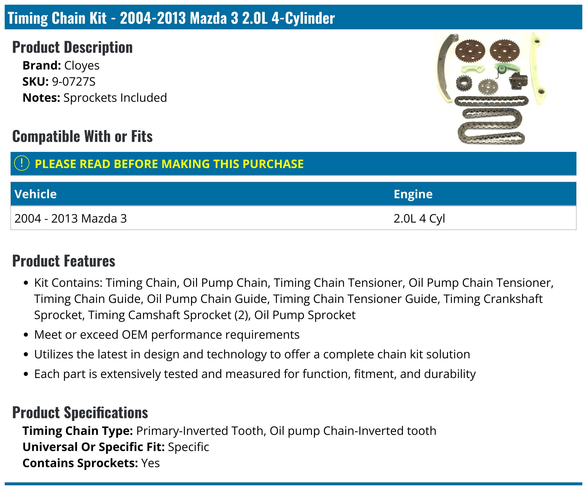 2004-2013 Mazda 3 Timing Chain - Cloyes 9-0727S - PartsGeek.com