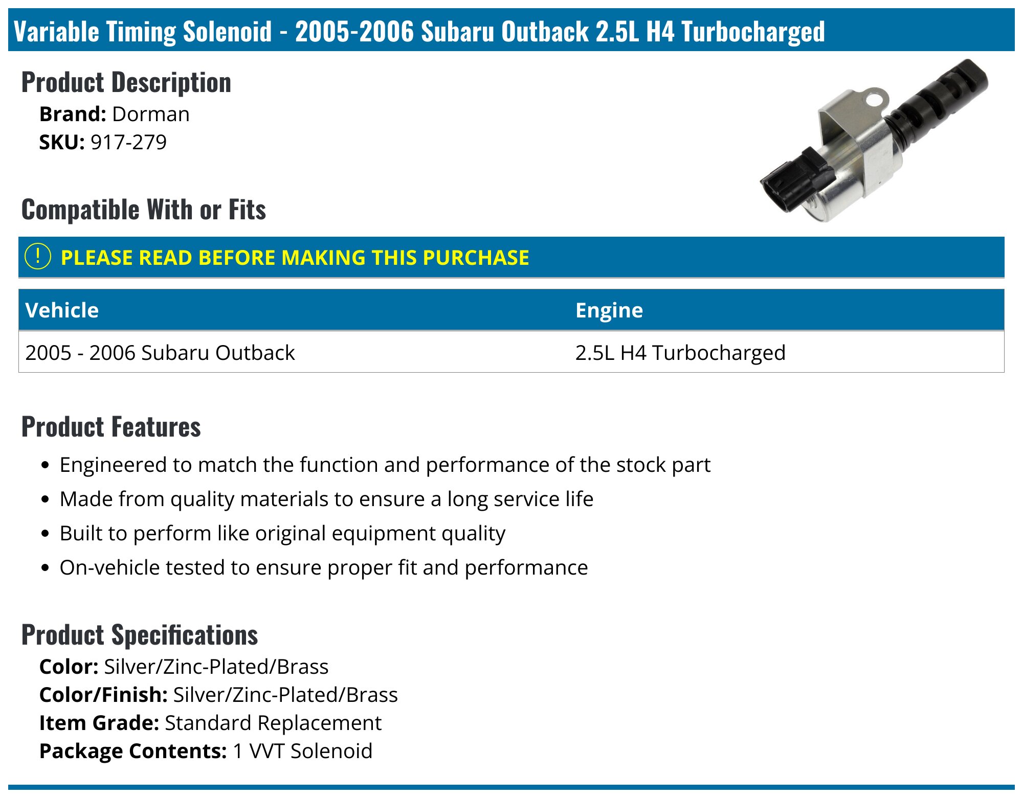 Dorman® 917-279 OE Solutions Series Variable Timing Solenoid 4 Cyl., 2