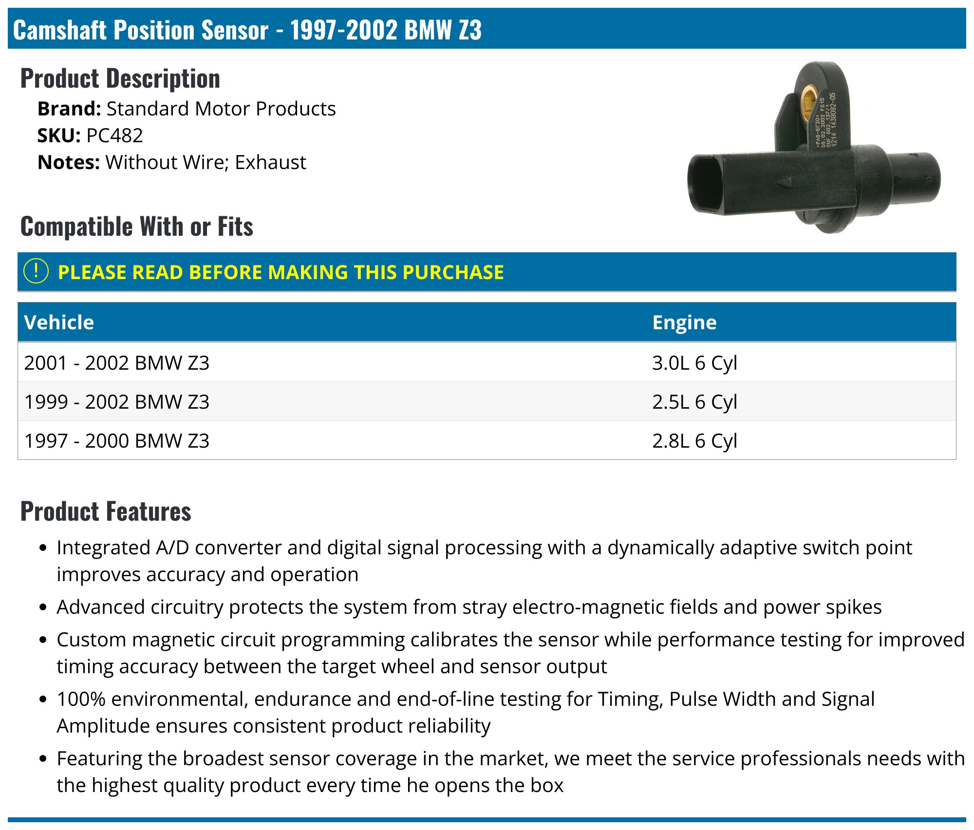 Engine Camshaft Position Sensor For BMW E36 318i, 318is, 318ti, Z3 – 1.9L – 1996-1999 – Replacement 12141743072