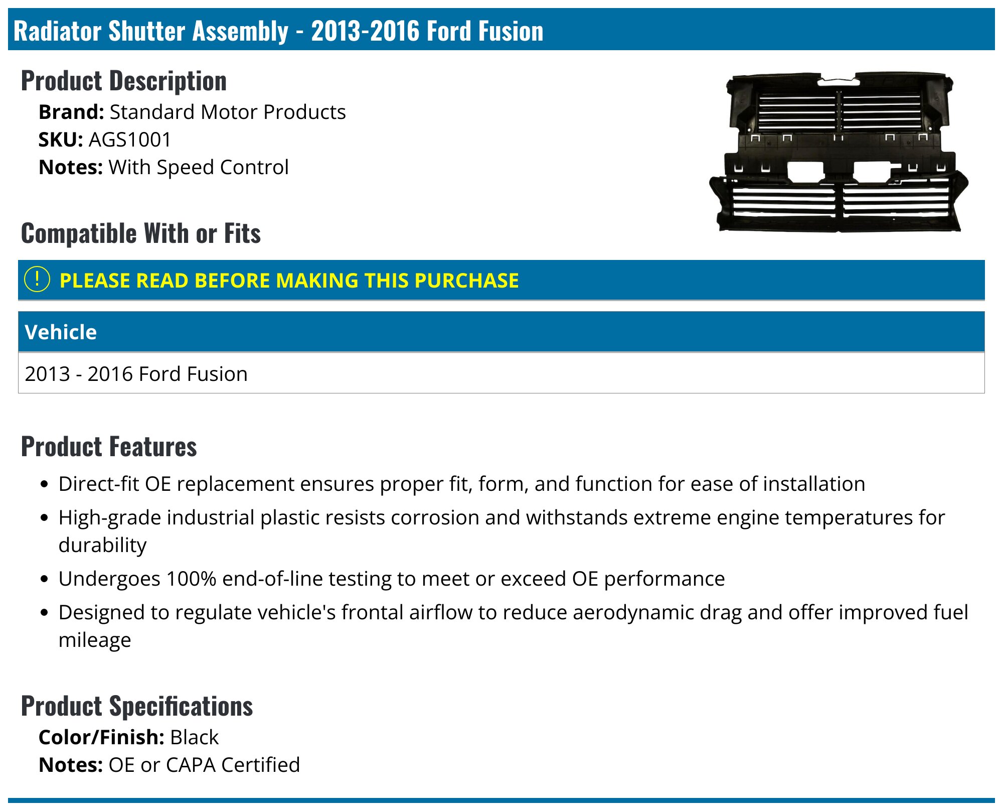 2013-2016 Ford Fusion Radiator Shutter Assembly - Standard Motor ...