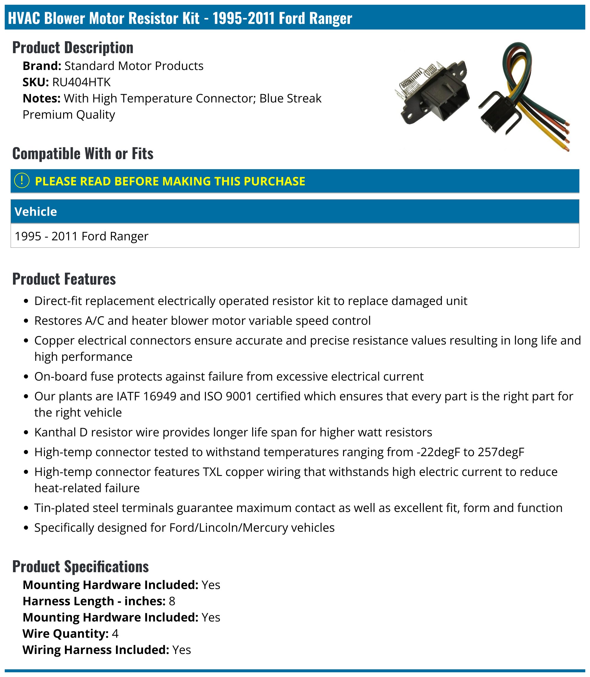 Duralast HVAC Blower Motor Resistor Kit BMR093KIT