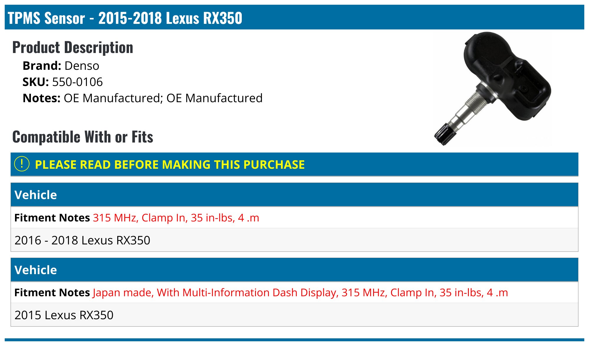 Tpms Sensor Lexus Rx 2015-2018 Lexus RX350 Tire Pressure Monitoring Sensor - Denso 550-0106 ...