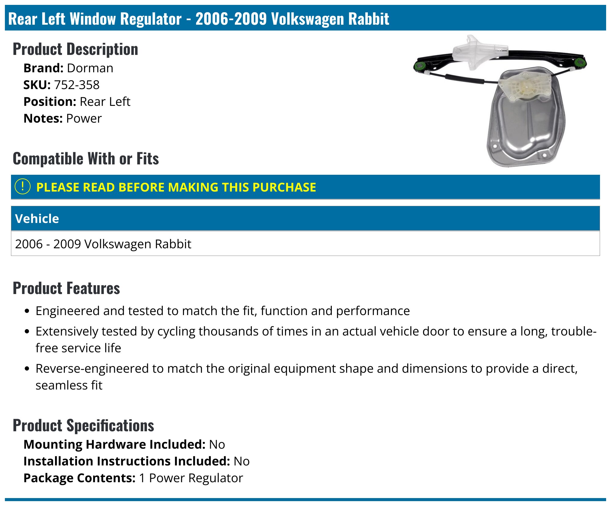 Dorman Rear Left Window Regulator | 752-358