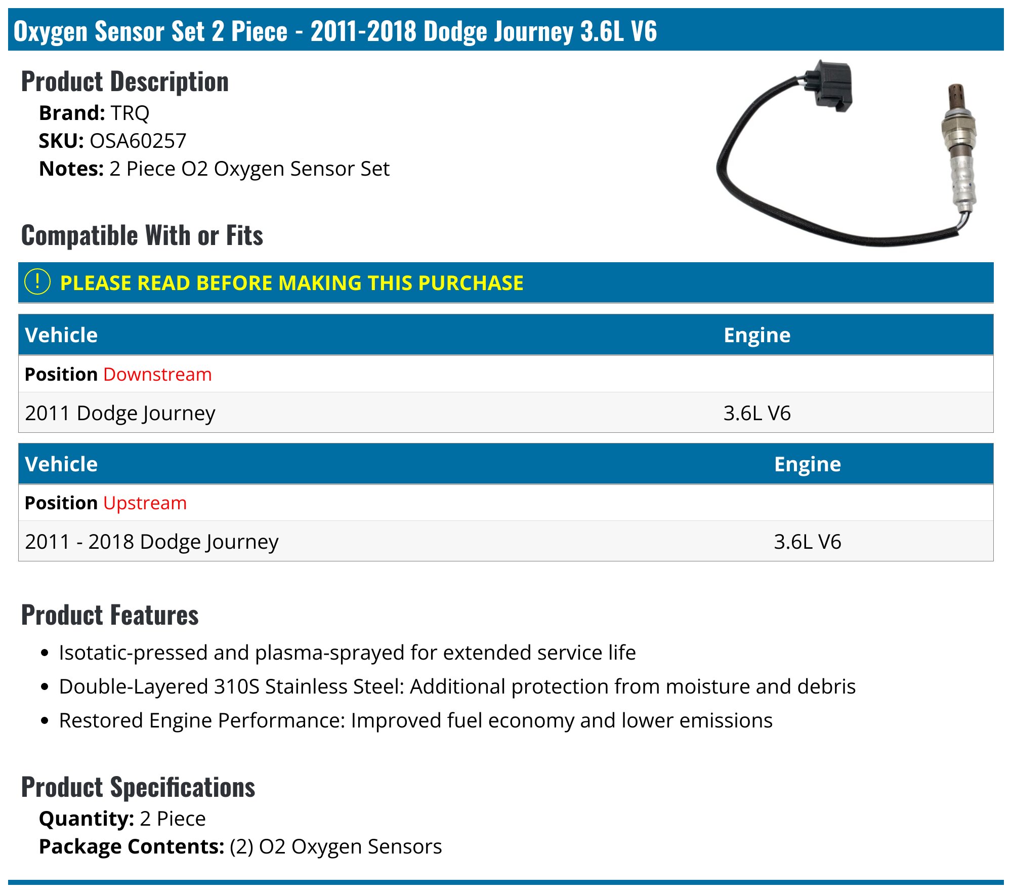 4x Oxygen Sensor Set Upstream & Downstream For Dodge Grand Caravan 2011-2020 & Journey 2012-2019