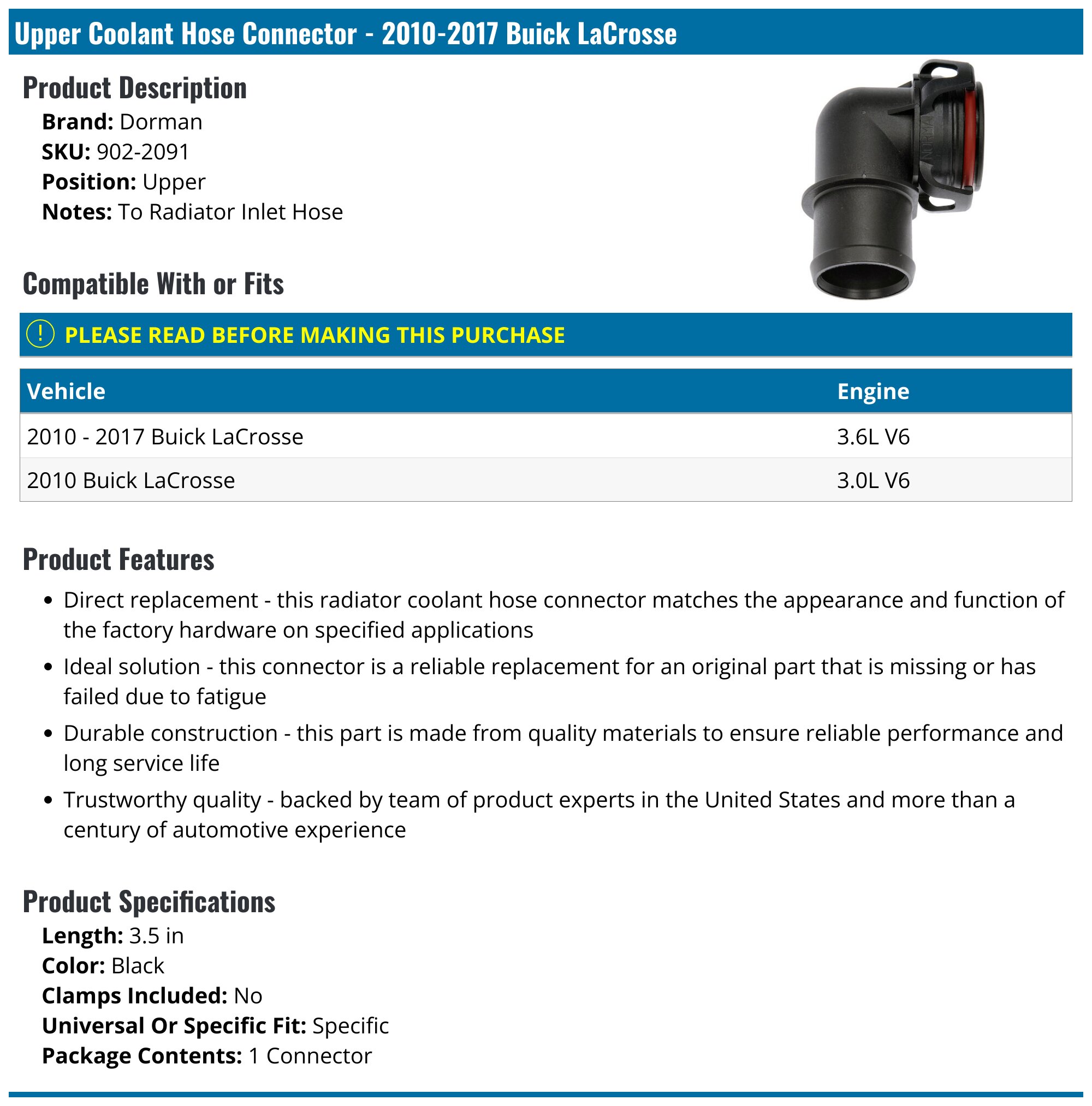 2010-2017 Buick LaCrosse Coolant Hose Connector - Dorman 902-2091 ...